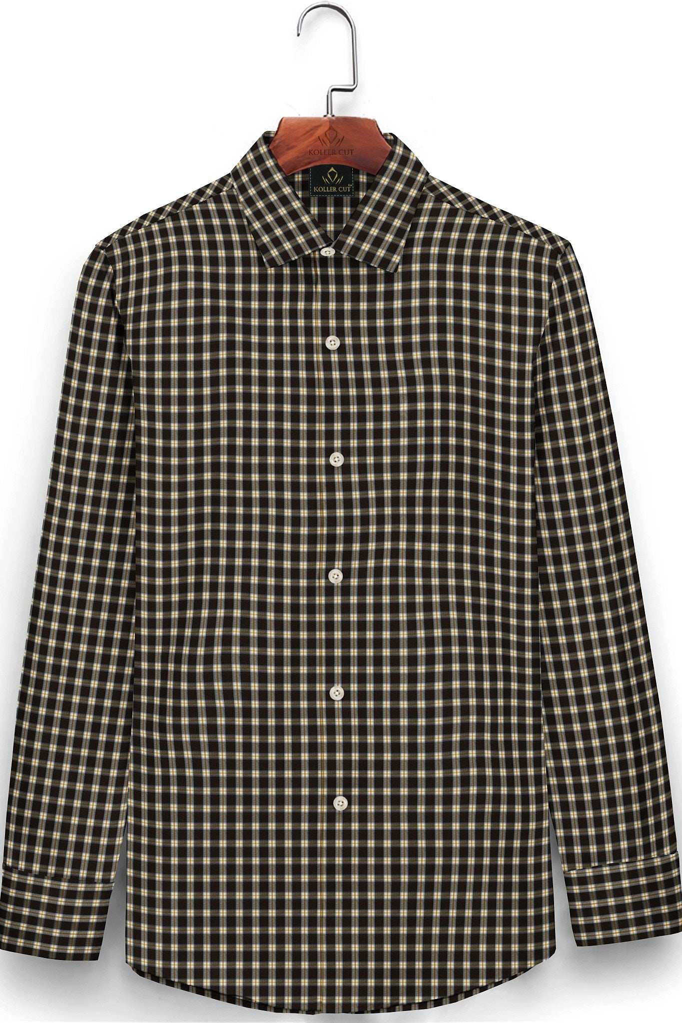 Chocolate Brown with White and Golden Brown Gingham Checks Cotton Shirt