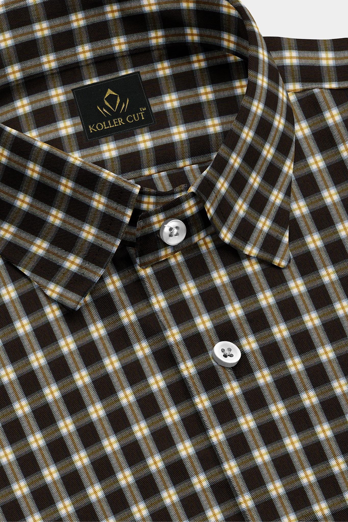 Chocolate Brown with White and Golden Brown Gingham Checks Cotton Shirt