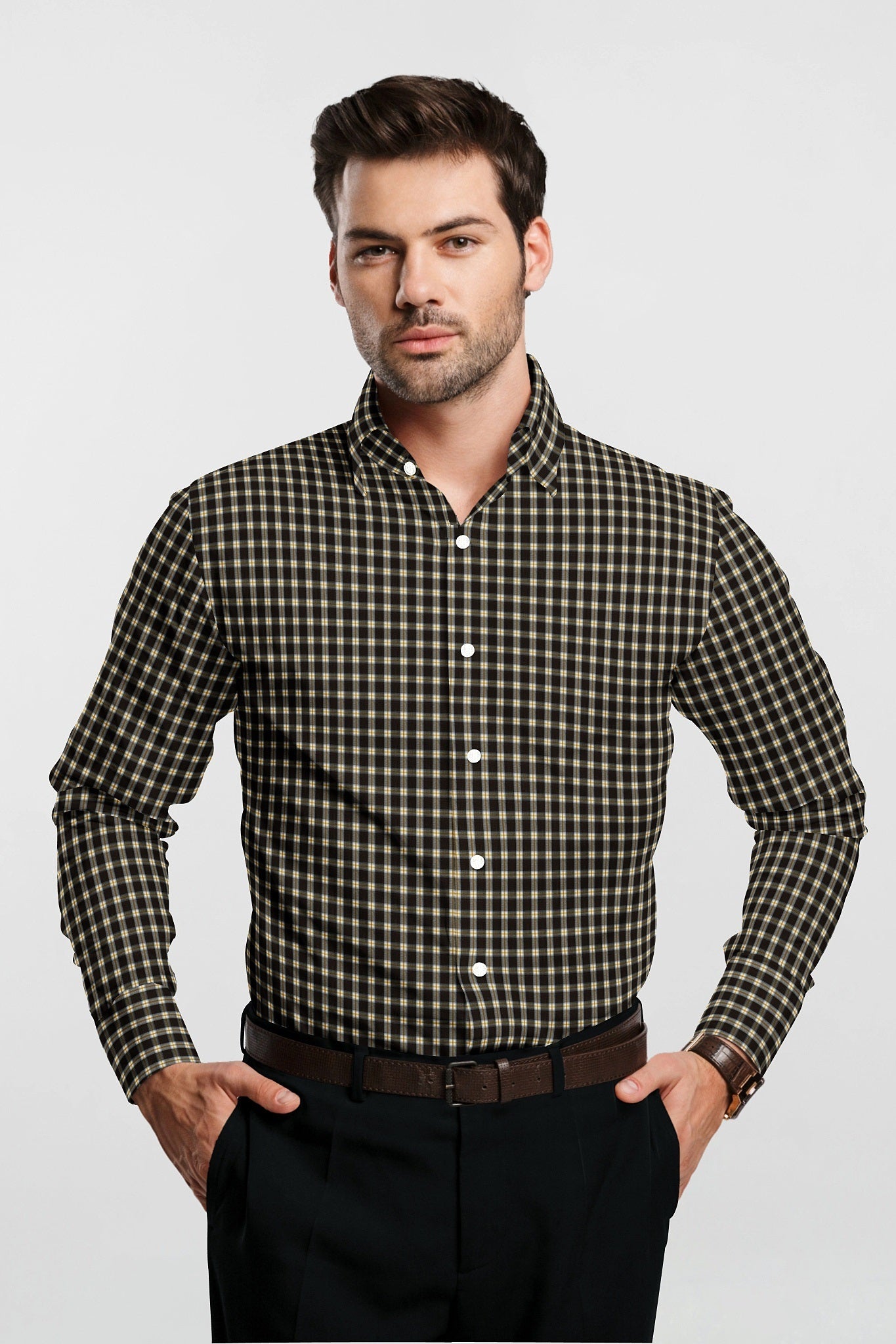 Chocolate Brown with White and Golden Brown Gingham Checks Cotton Shirt