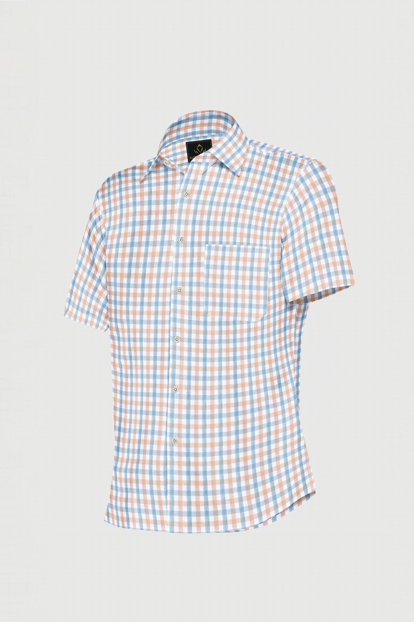 White with Fuzz Peach and Cerulean Blue Checks Cotton Shirt