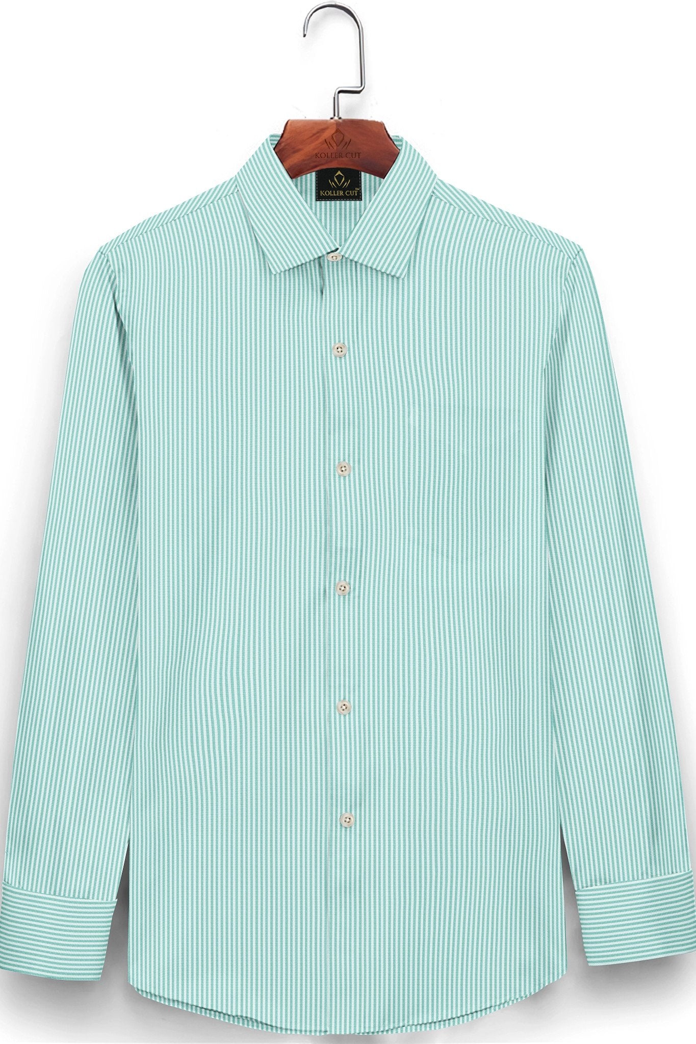 Light blue striped shirt on a hanger against a white background-White and Sea Green Oxford Stripes Cotton Shirts