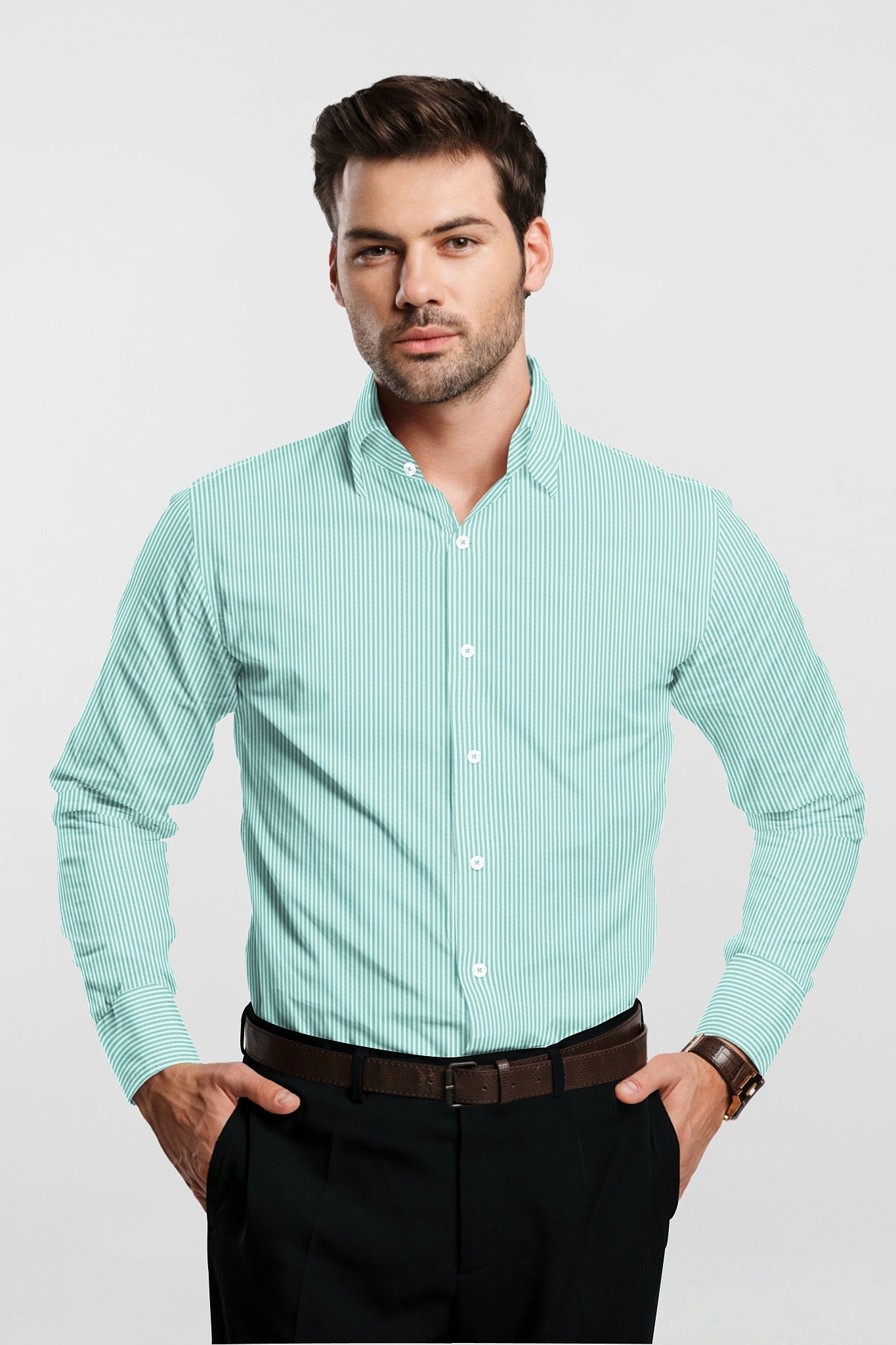 Man wearing a light blue checkered shirt and black pants on a white -background-White and Sea Green Oxford Stripes Cotton Shirts