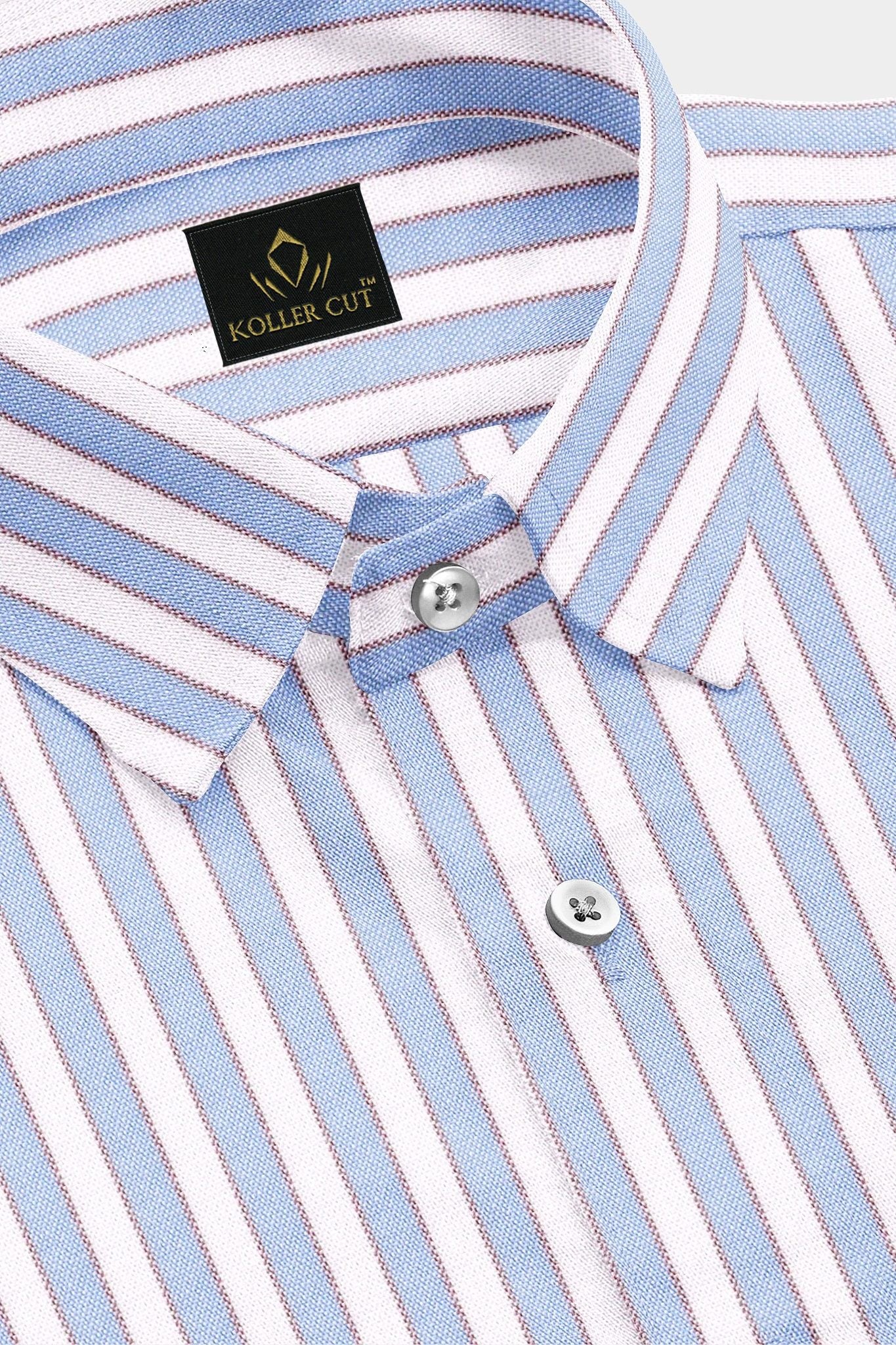 White with Placid Blue and Pompeian Red Oxford Stripes Cotton Shirt