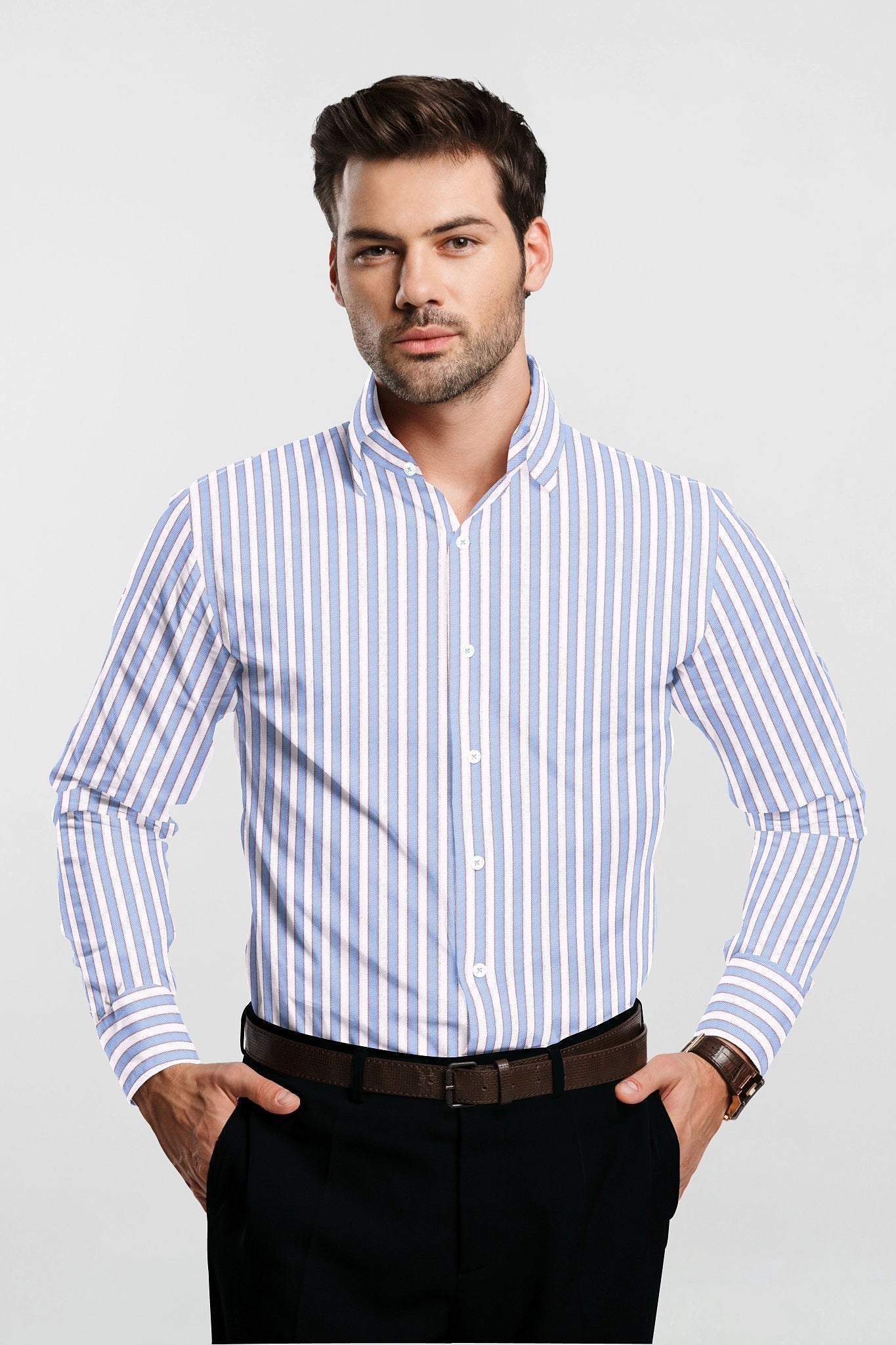 White with Placid Blue and Pompeian Red Oxford Stripes Cotton Shirt