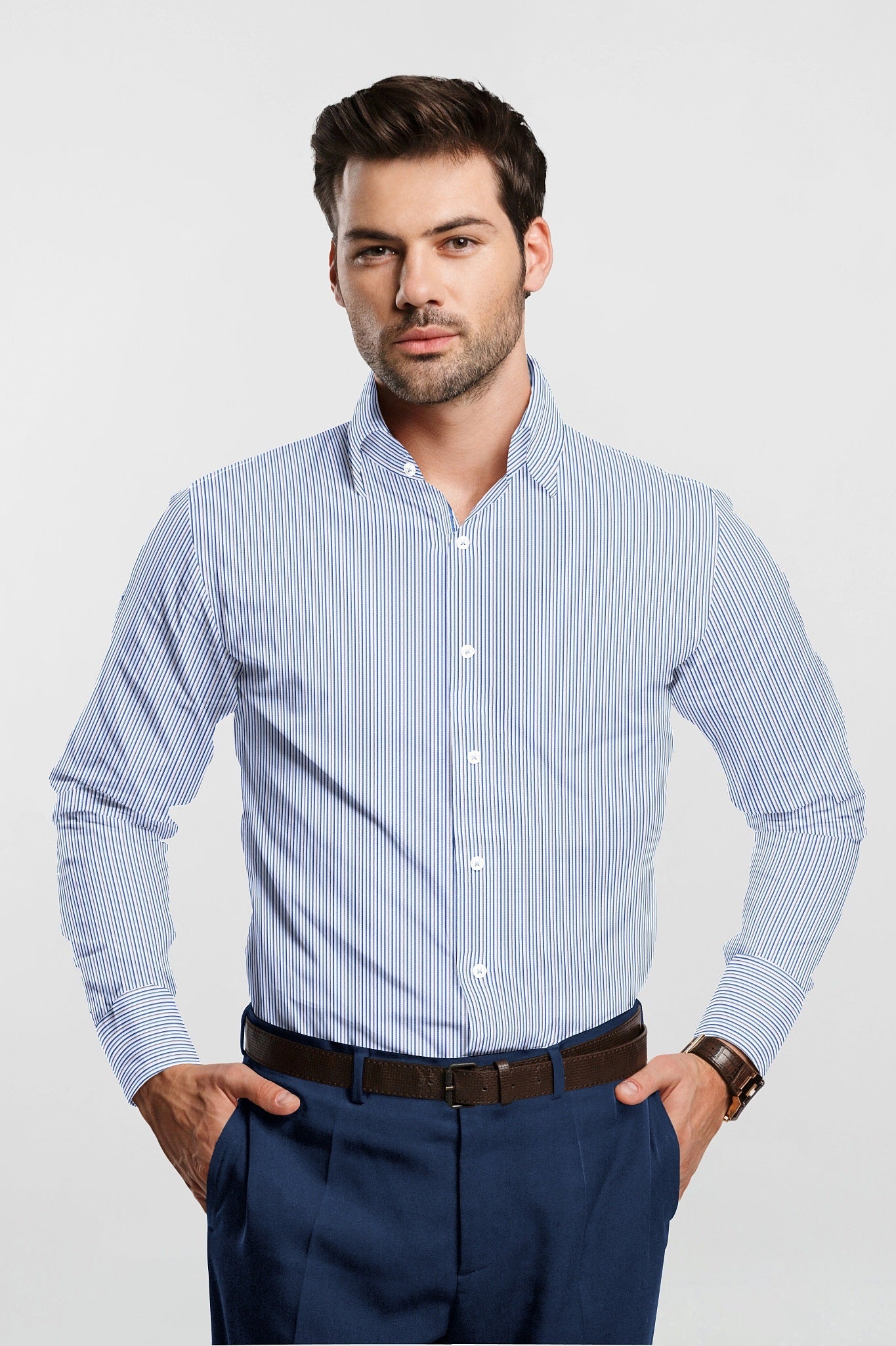 White with Brunnera Blue and Xenon Blue Pinstripes Cotton Shirt