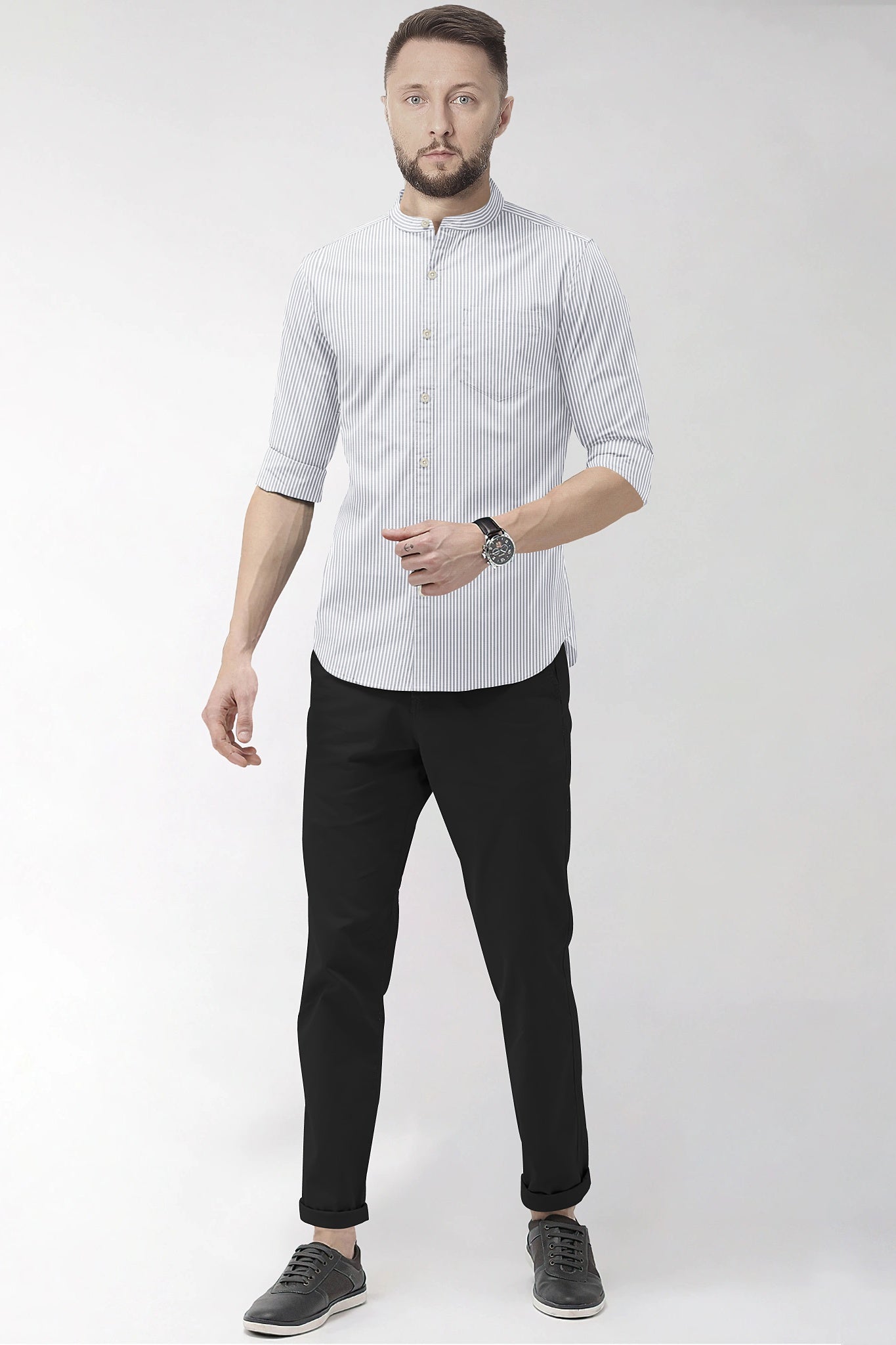 White and Denim Blue Oxford Stripes Mandarin Collar Cotton Shirt