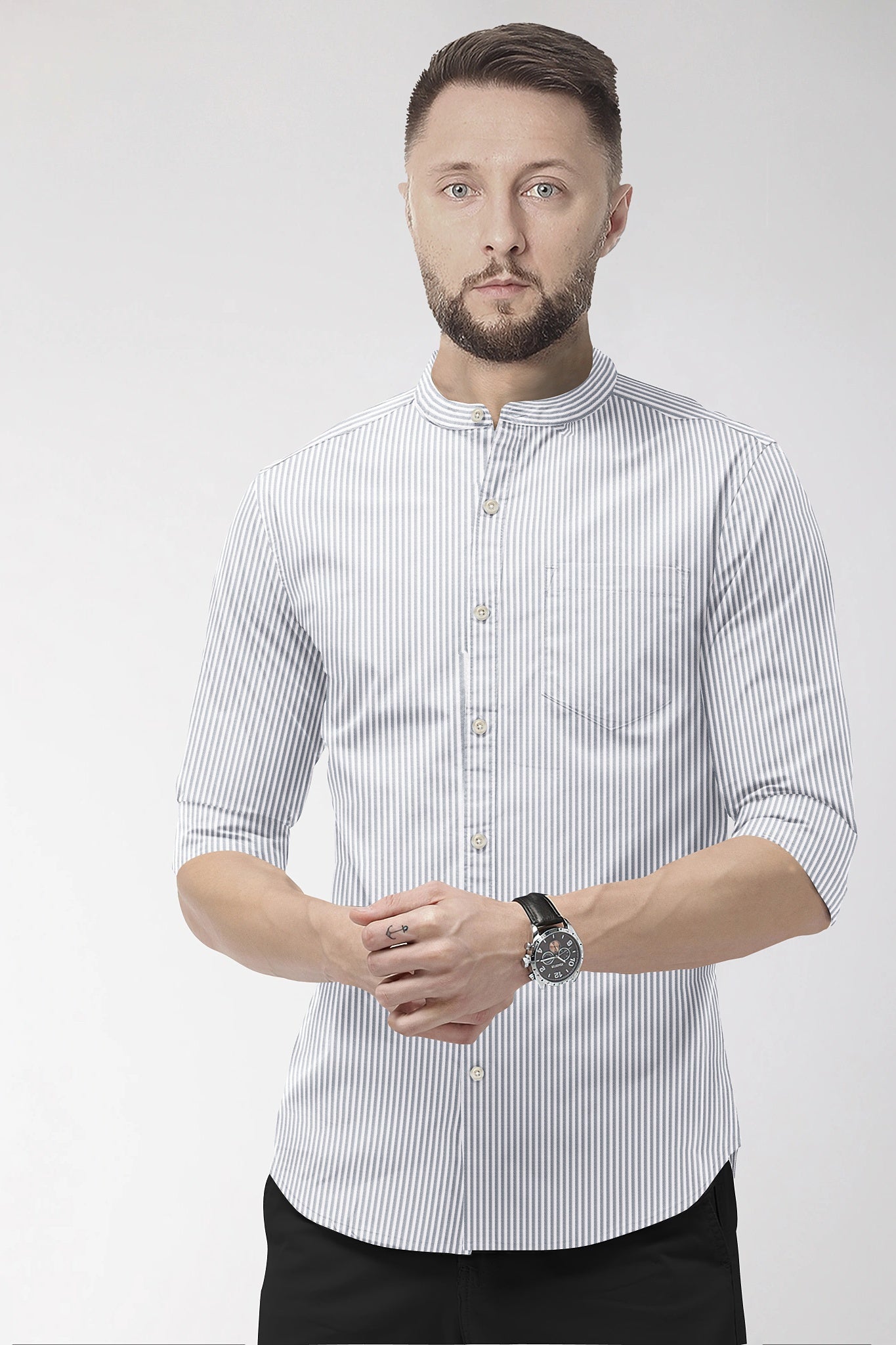 White and Denim Blue Oxford Stripes Mandarin Collar Cotton Shirt