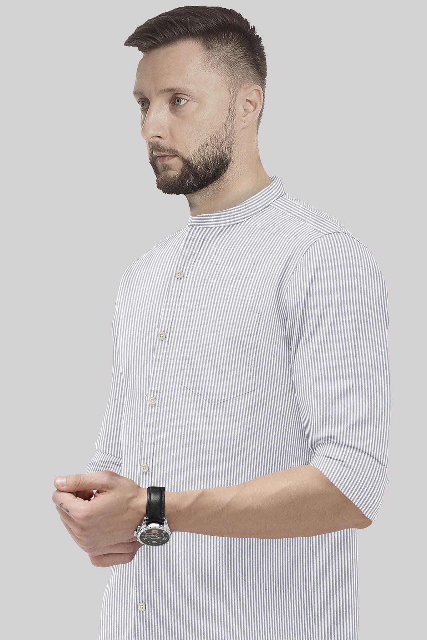 White and Denim Blue Oxford Stripes Mandarin Collar Cotton Shirt