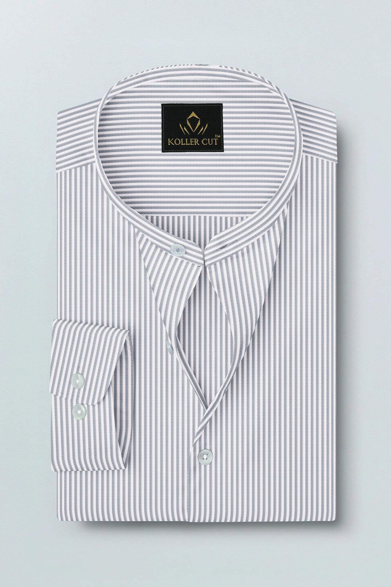 White and Denim Blue Oxford Stripes Mandarin Collar Cotton Shirt