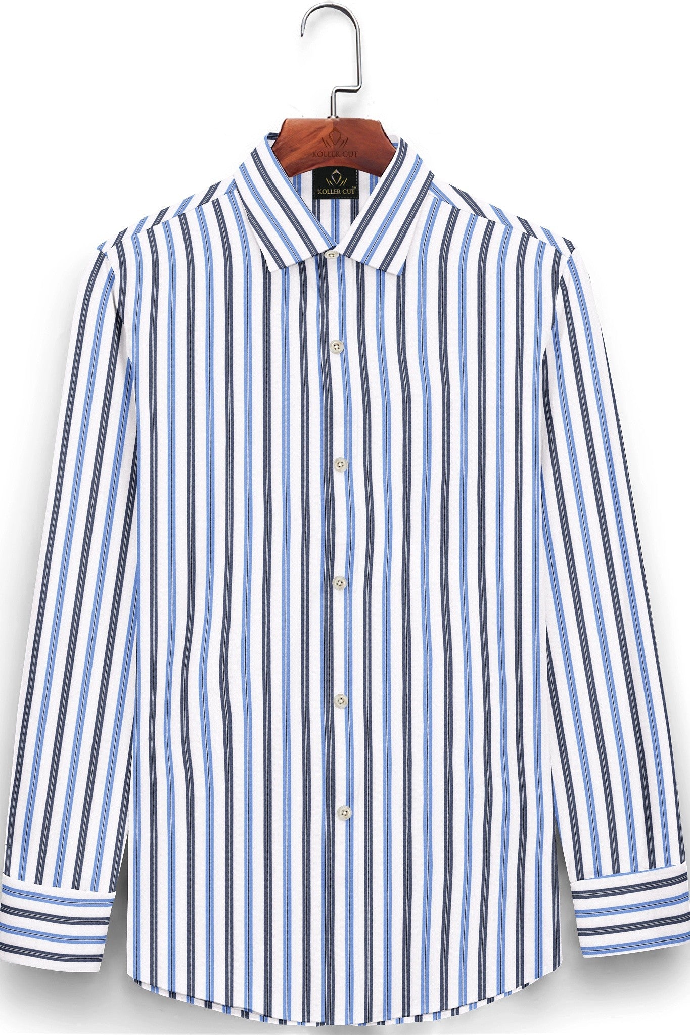 White with Cendre Blue and Colony blue Stripes Cotton Shirt