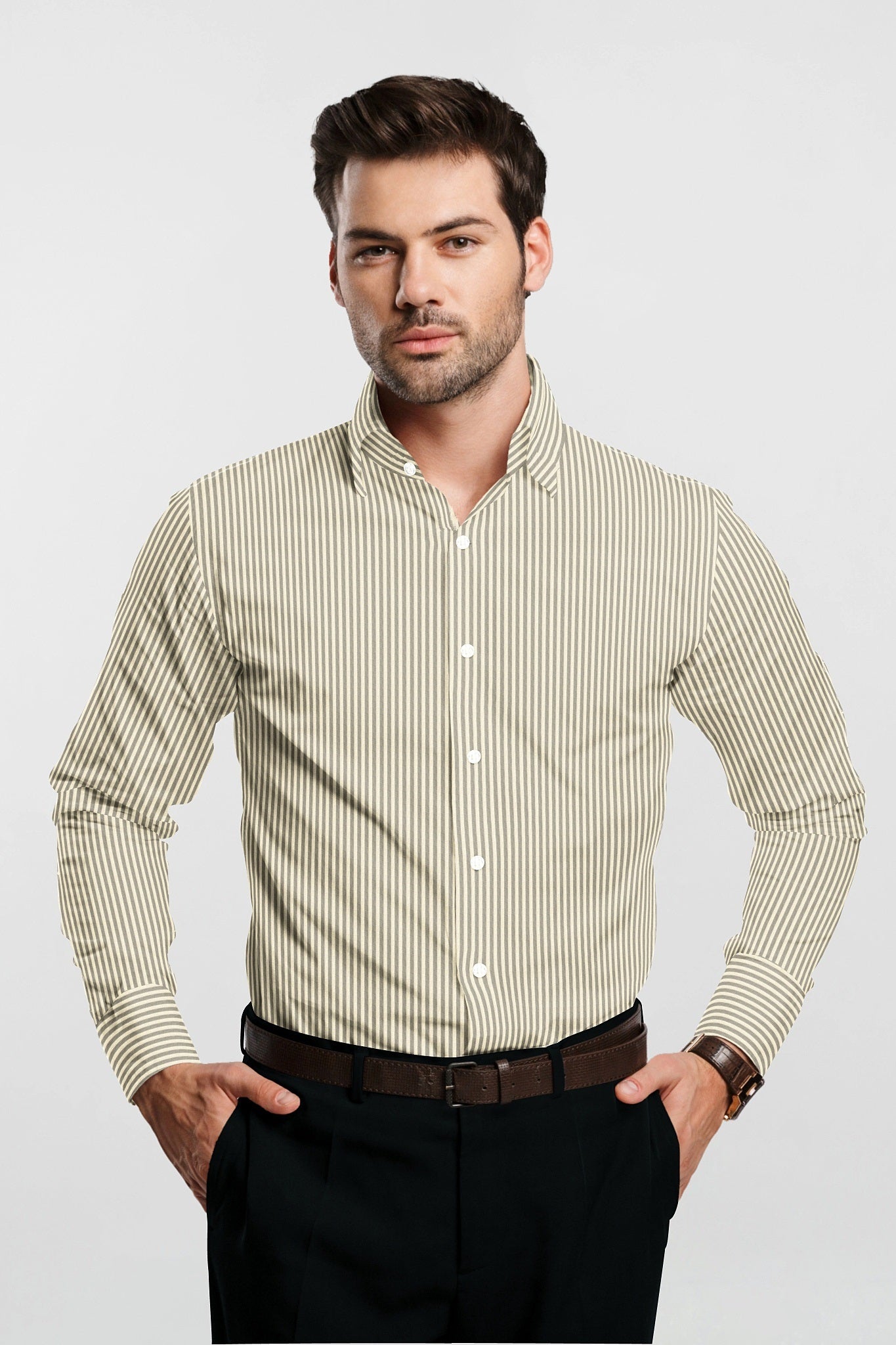 Beige and Latte Brown Pinstripes Cotton Shirt