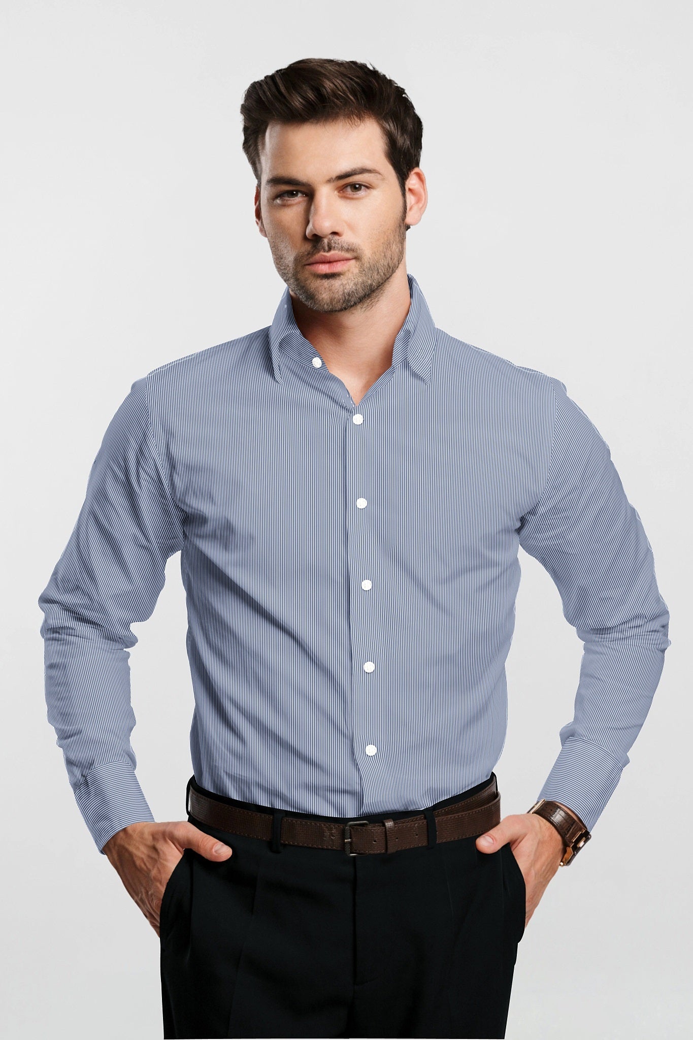 Granite Blue and White Pinstripes Cotton Shirt