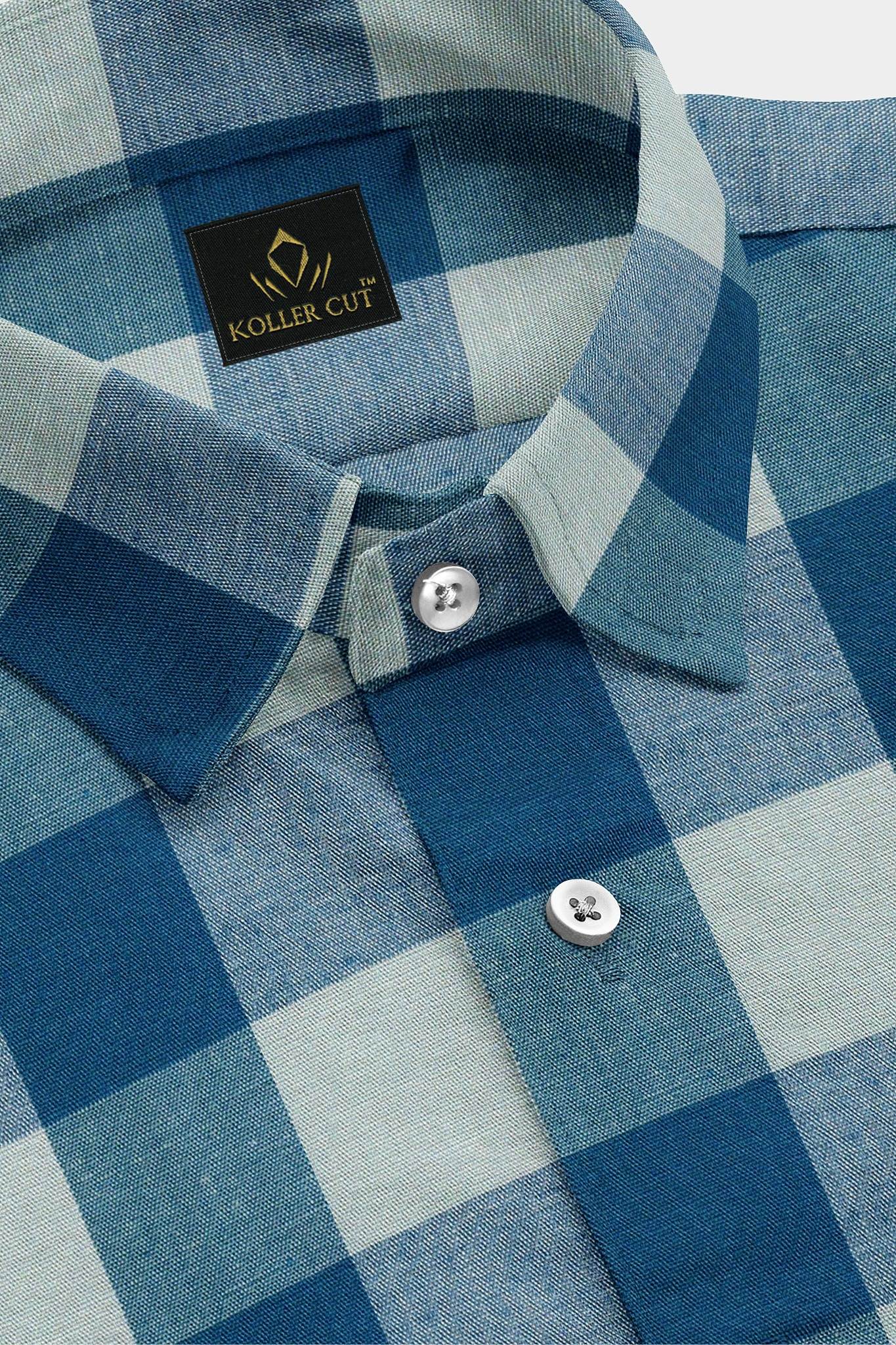 Crystal Teal Blue and Lunar Gray Buffalo Checks Cotton Linen Shirt-Plus Size Cotton Checks shirts in India