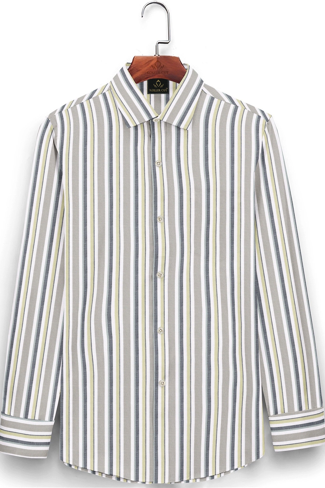 White with Semolina and Lime Yellow Oxford Stripes Cotton Shirt