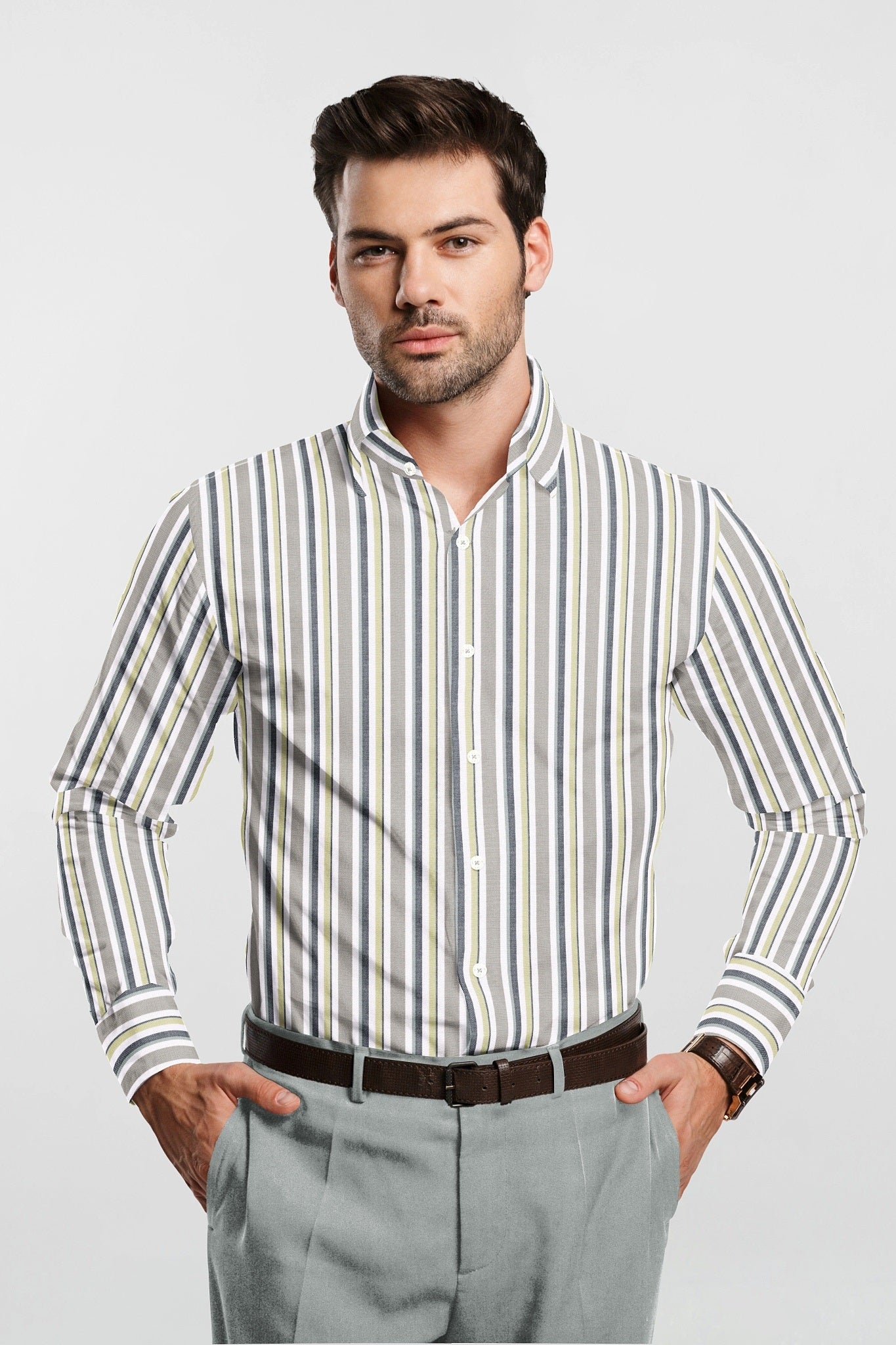 White with Semolina and Lime Yellow Oxford Stripes Cotton Shirt