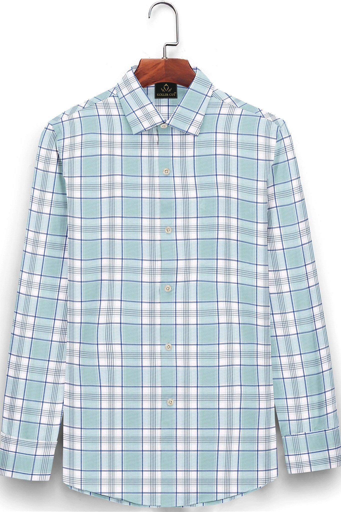 White with Pastel Turquoise Blue and Galaxy Blue Checks Cotton Shirt
