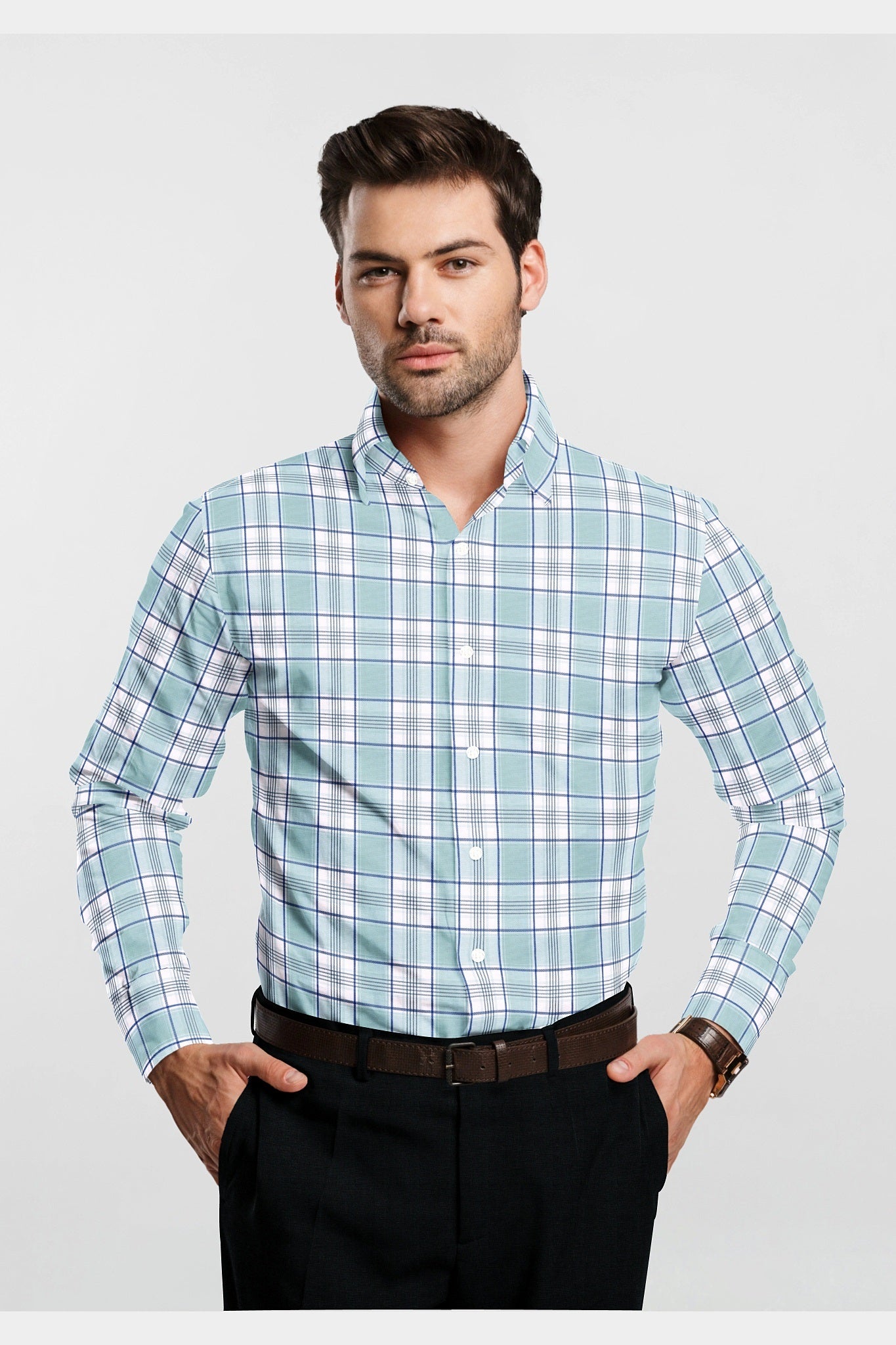White with Pastel Turquoise Blue and Galaxy Blue Checks Cotton Shirt