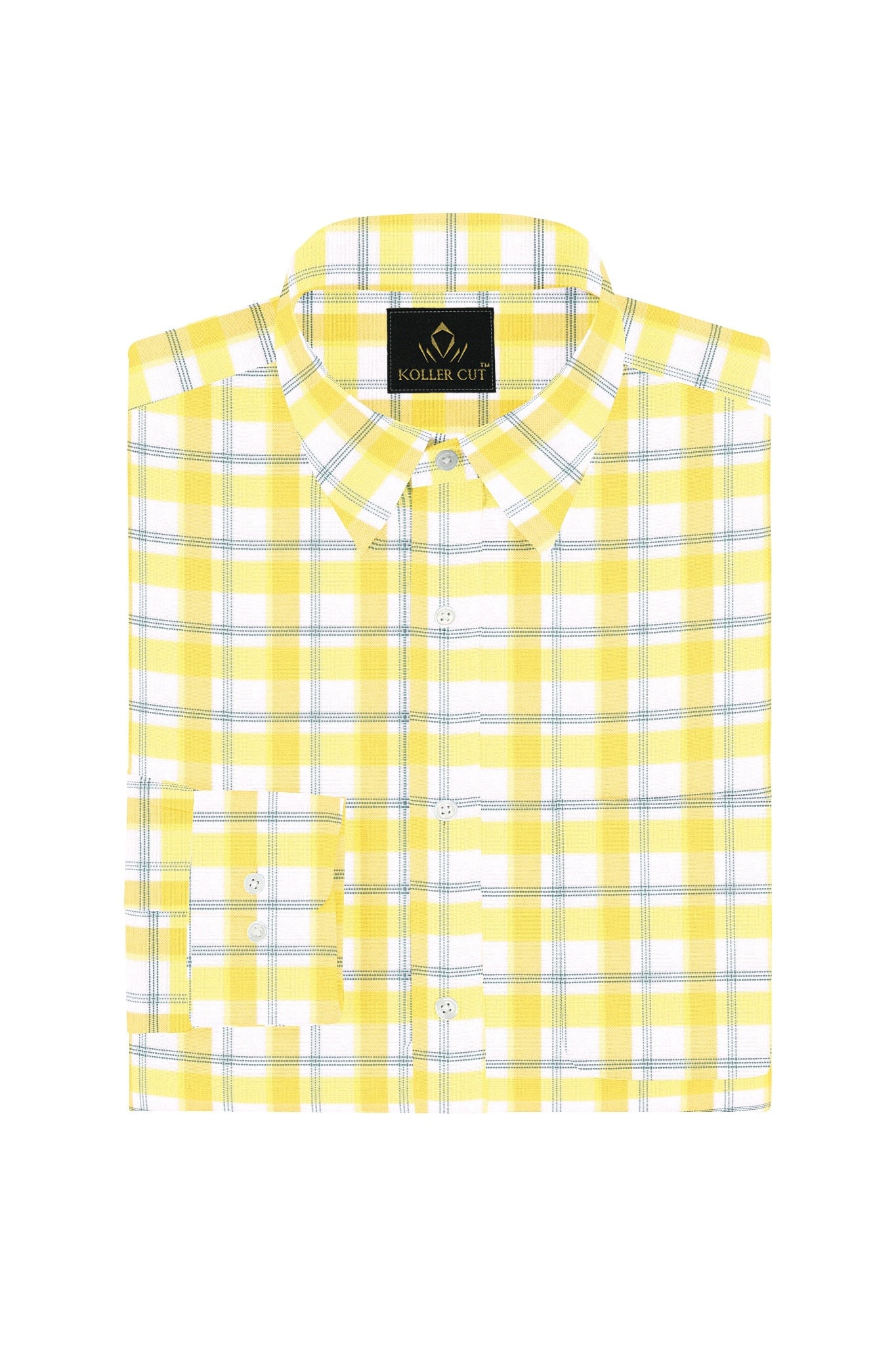 White with Pineapple Yellow and Cadet Blue Checks Cotton Shirt