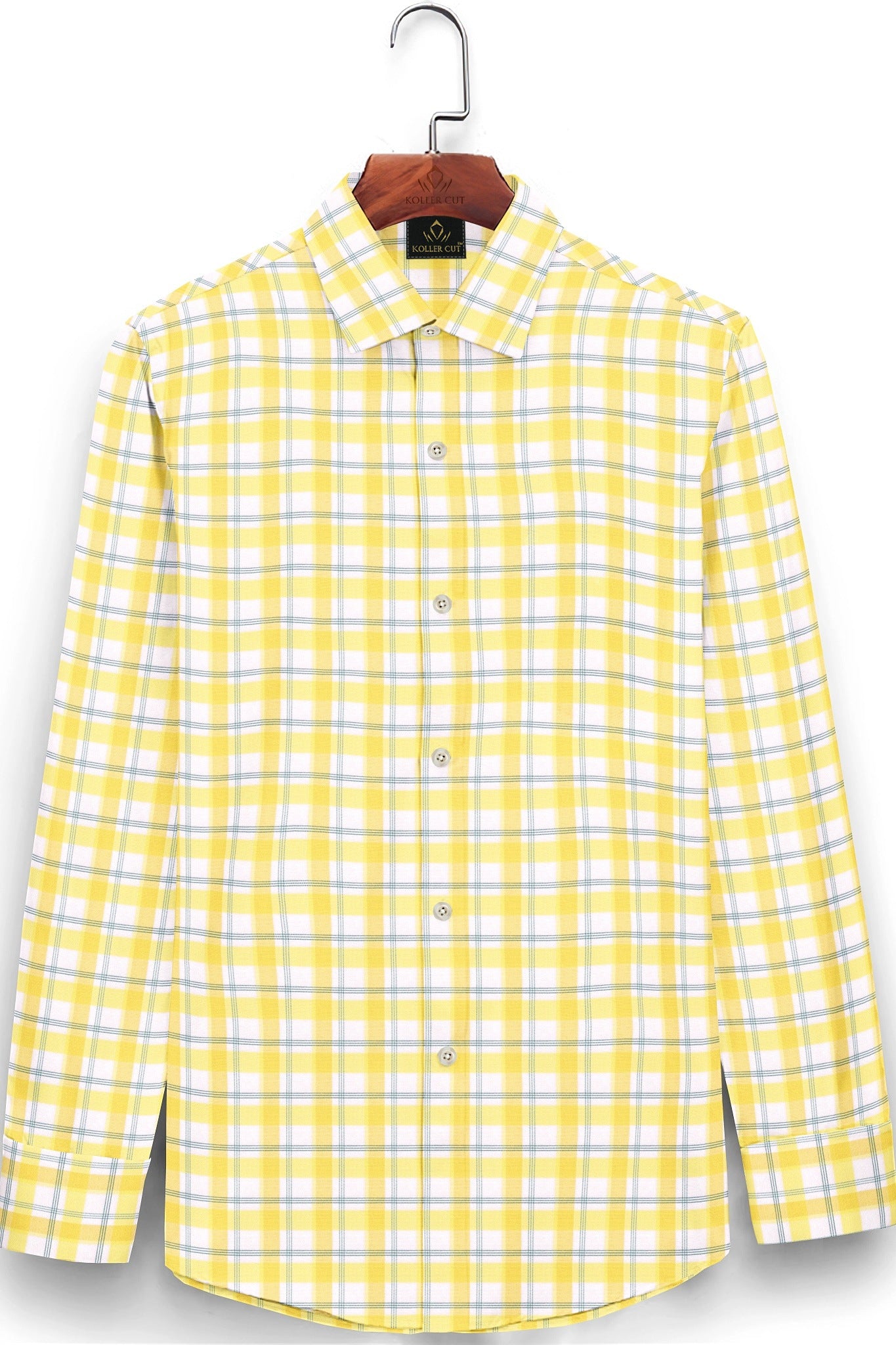 White with Pineapple Yellow and Cadet Blue Checks Cotton Shirt