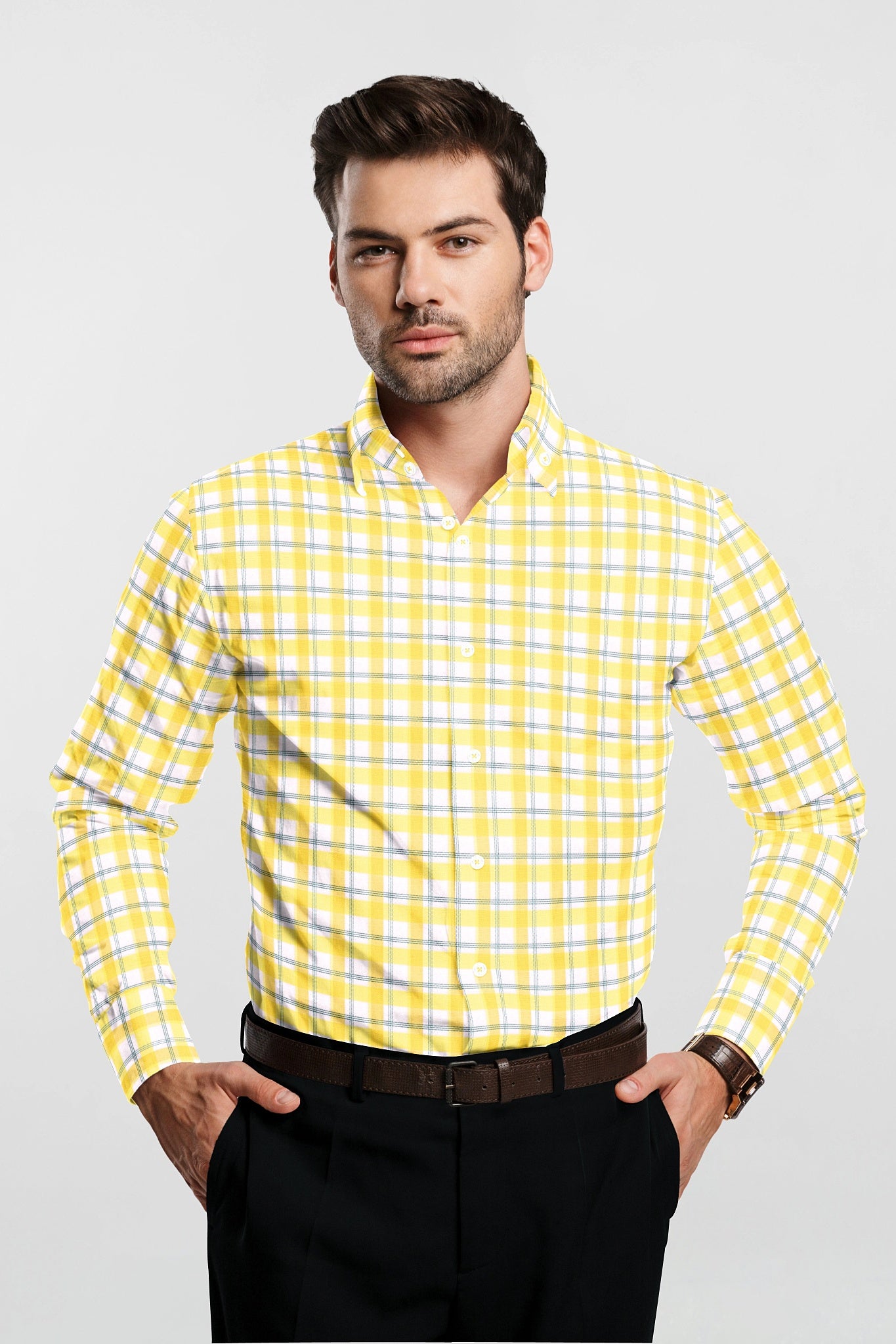 White with Pineapple Yellow and Cadet Blue Checks Cotton Shirt