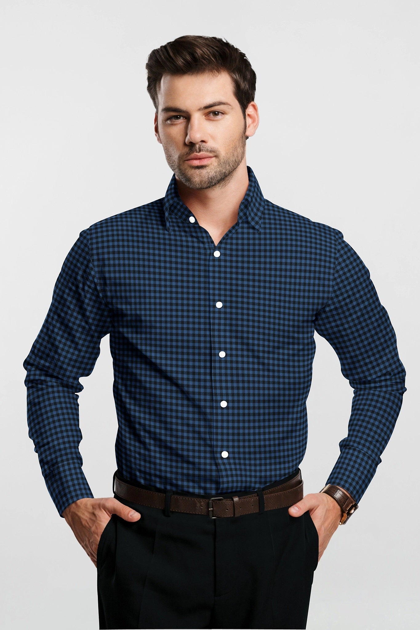 Delft Blue and Black Gingham Checks Cotton Shirt