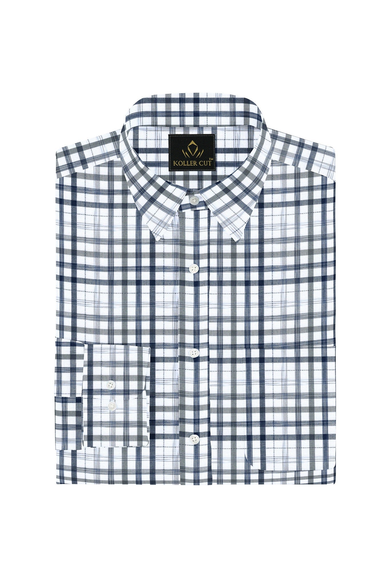 White with Estate Blue and Black Checks Cotton Shirt