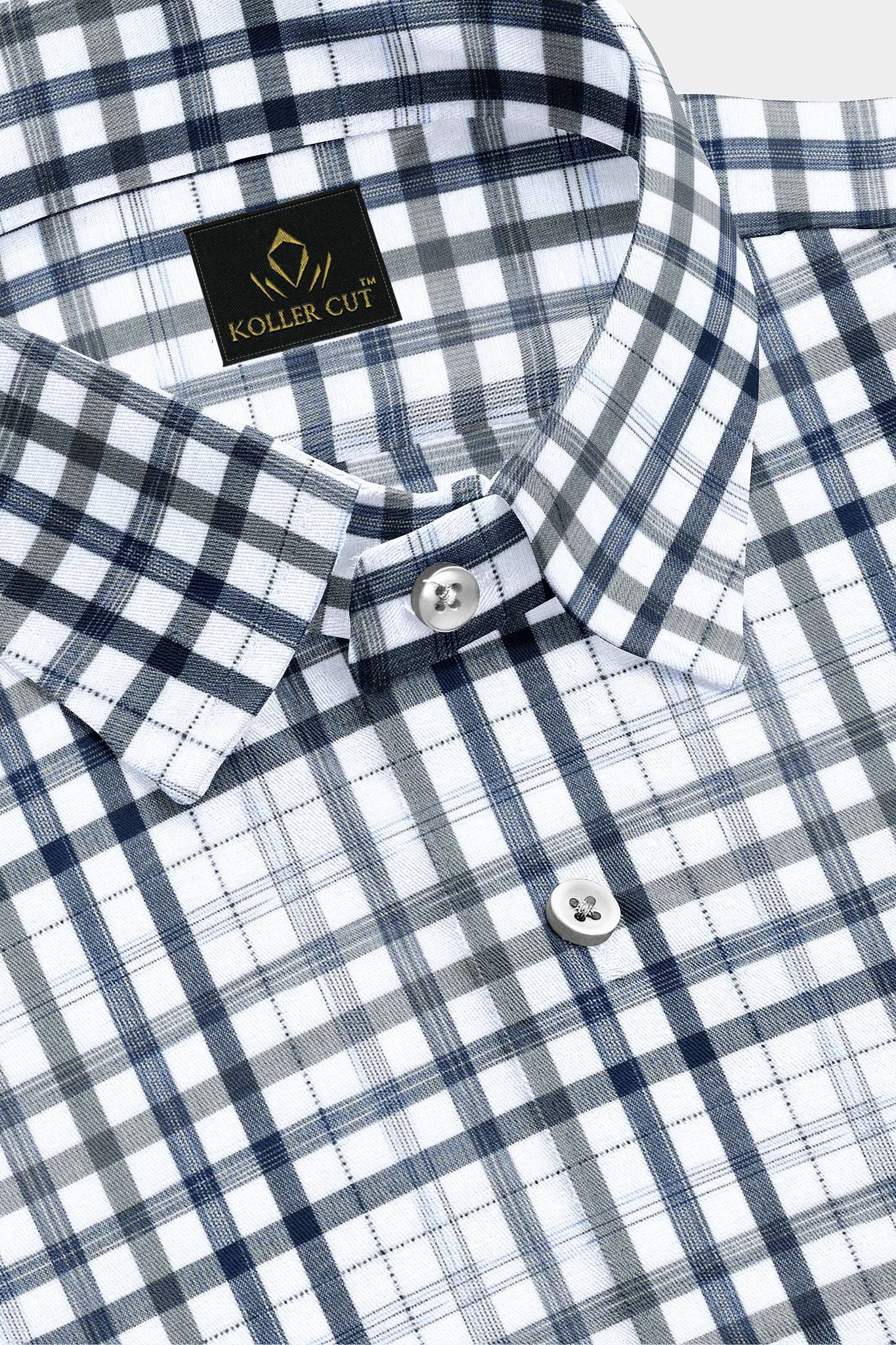 White with Estate Blue and Black Checks Cotton Shirt