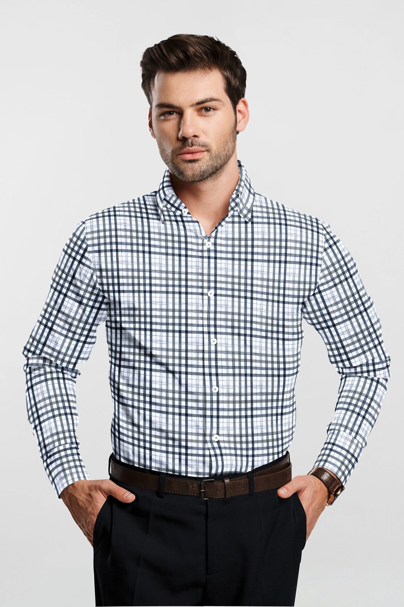 White with Estate Blue and Black Checks Cotton Shirt