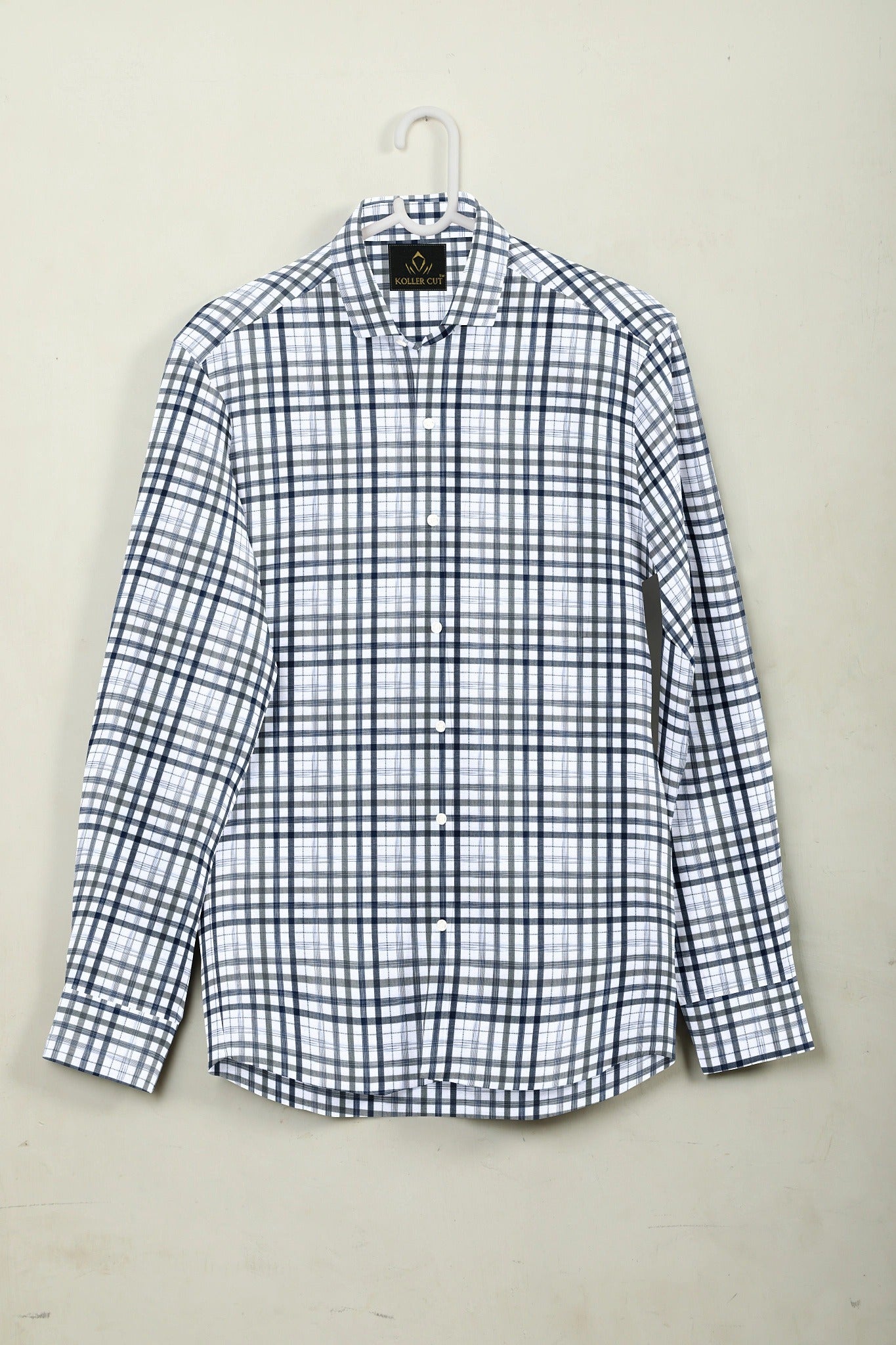 White with Estate Blue and Black Checks Cotton Shirt