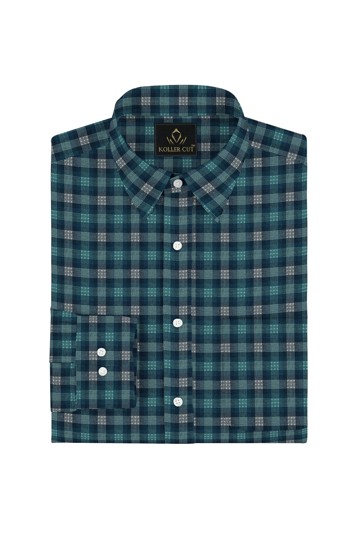 Teal Blue with White and Celeste Blue Checks Cotton Shirt