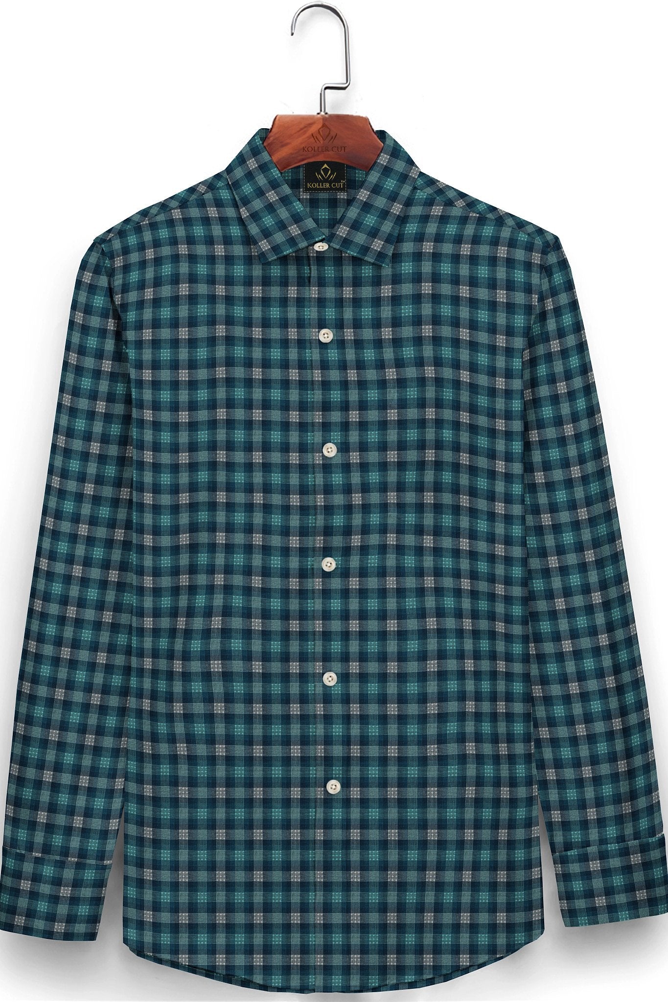 Teal Blue with White and Celeste Blue Checks Cotton Shirt