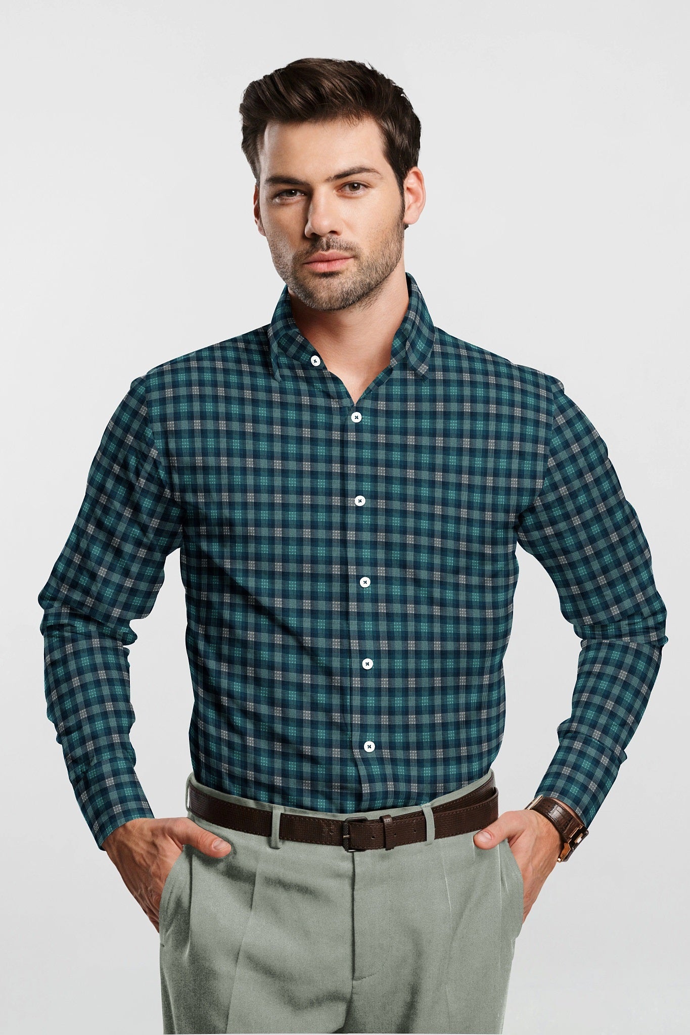 Teal Blue with White and Celeste Blue Checks Cotton Shirt