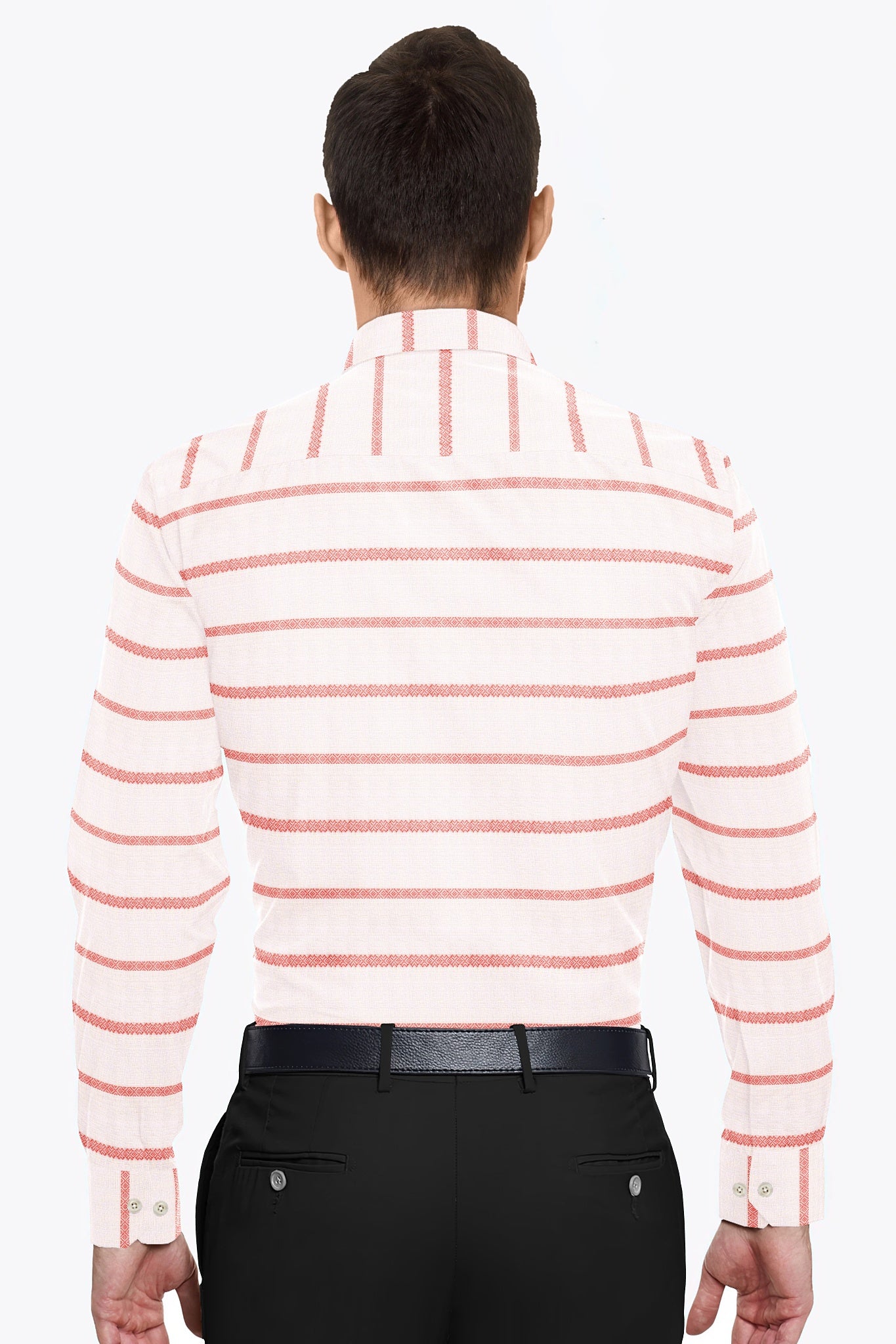 White and Cinnabar Red Jacquard Stripes Linen Shirt