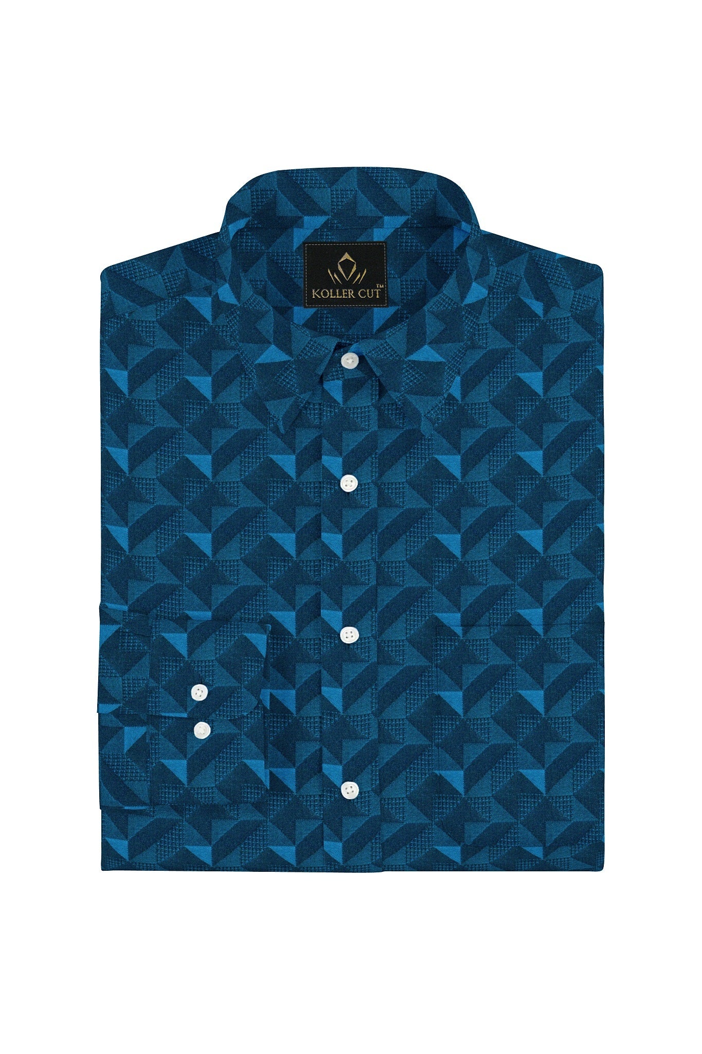 Blue patterned shirt with a brand label on a white background-Teal Blue and Nebula Blue Jacquard Extruded Triangle Printed Premium Cotton Shirt