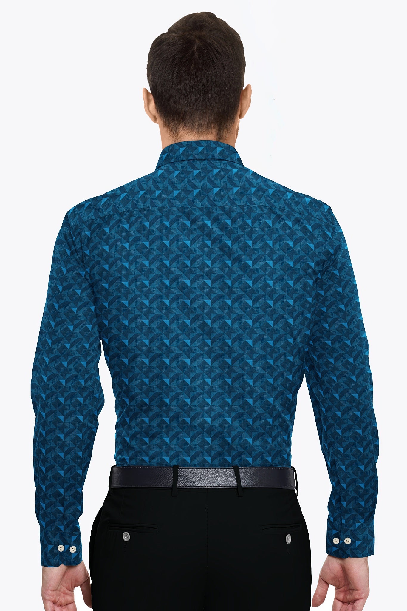 Man wearing a blue patterned shirt with a white background Teal Blue and Nebula Blue Jacquard Extruded Triangle Printed Premium Cotton Shirt
