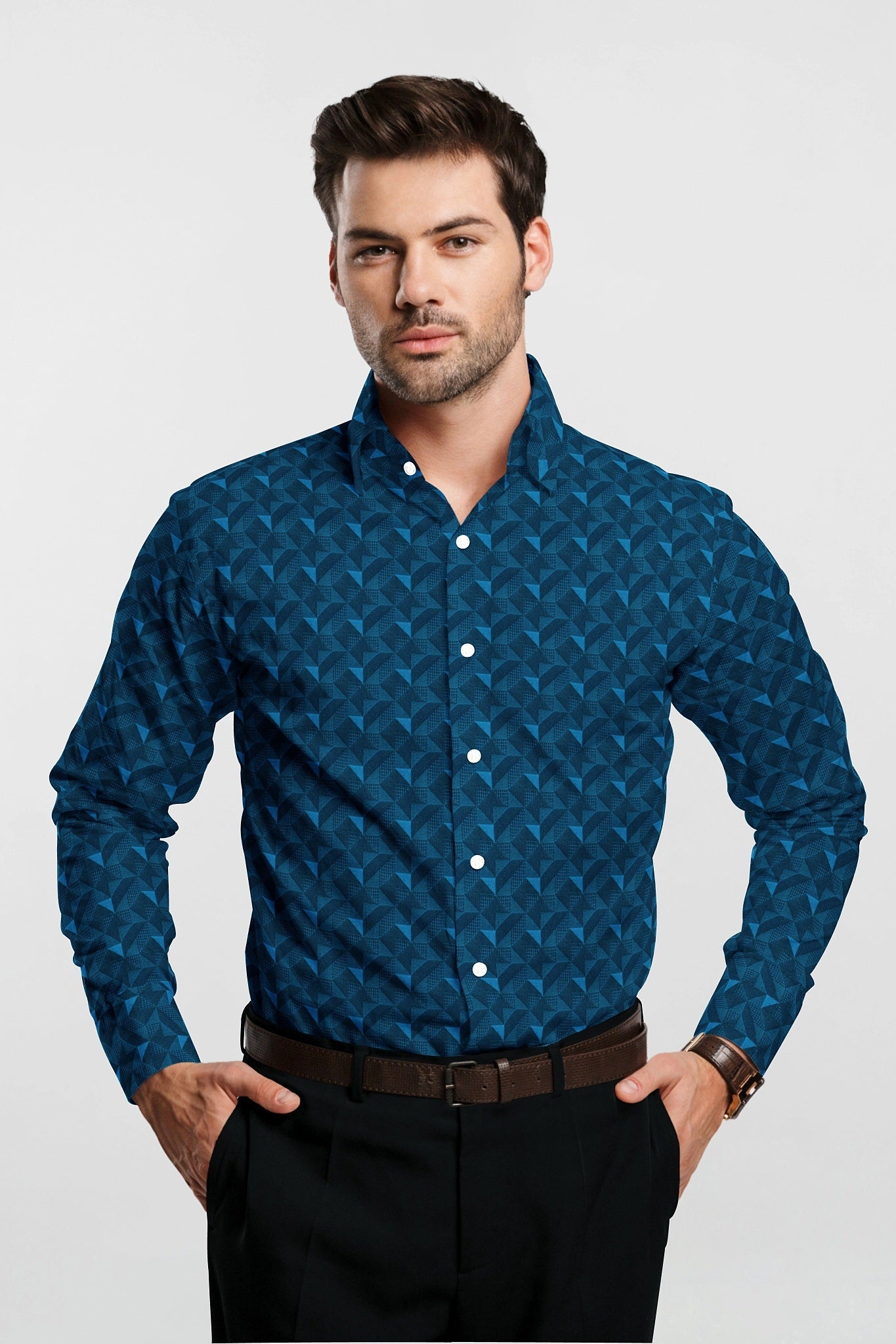 Teal Blue and Nebula Blue Jacquard Extruded Triangle Printed Premium Cotton Shirt