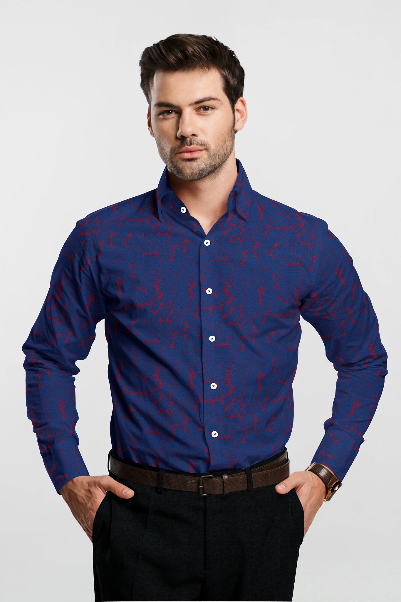 Baleine Blue and Chilli Red Jacquard Print Egyptian Giza Cotton Shirt