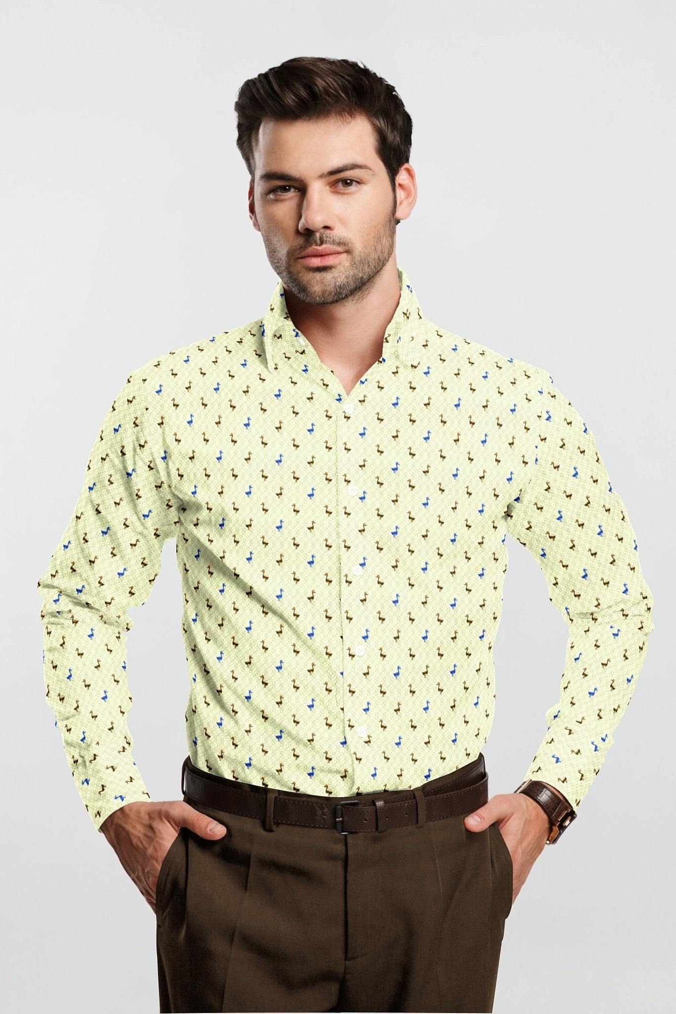 Vanilla with Lapis Blue and Tiger Orange Duck Printed Egyptian Giza Cotton Shirt