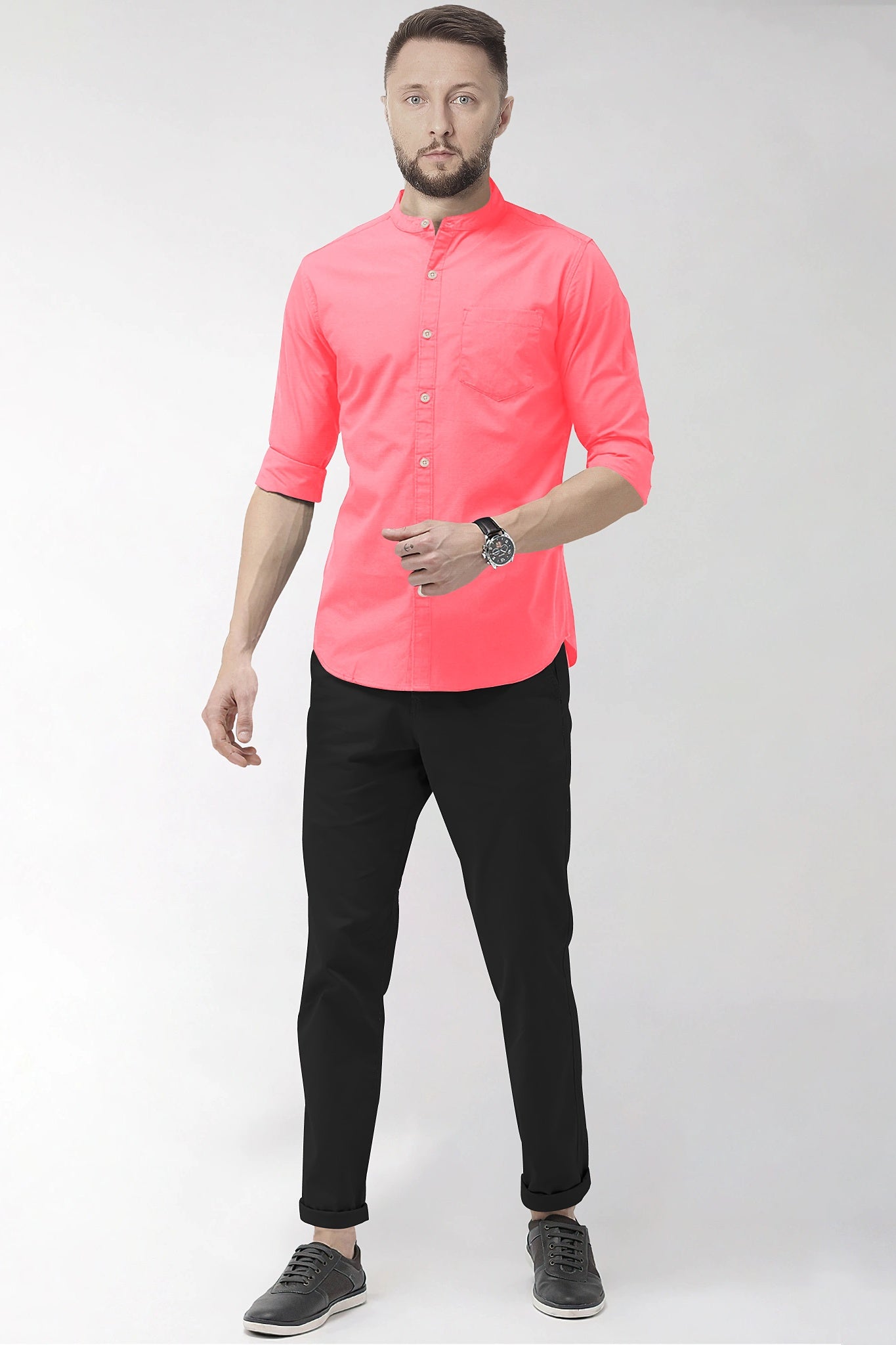 Salmon Pink Mandarin Collar Giza Cotton Shirt