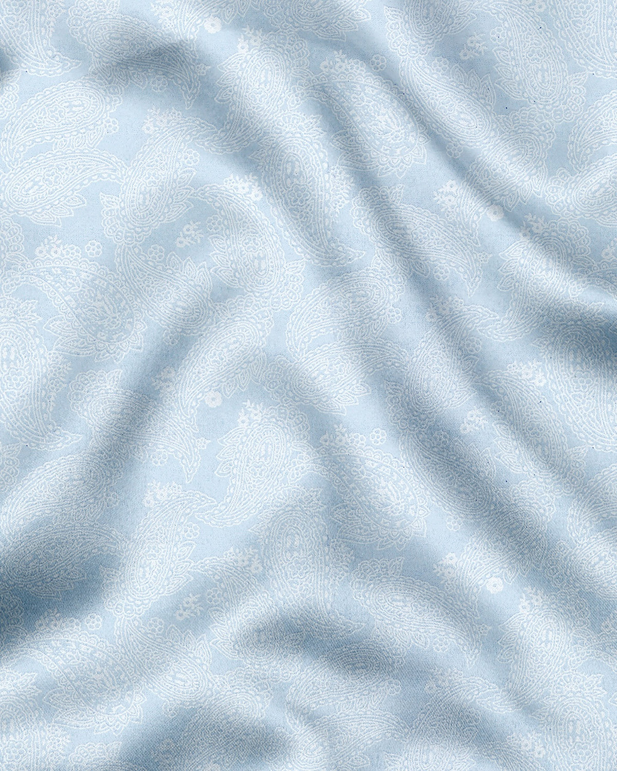 Pastel Blue And Snow White Paisley Patterned Printed Cotton Shirt