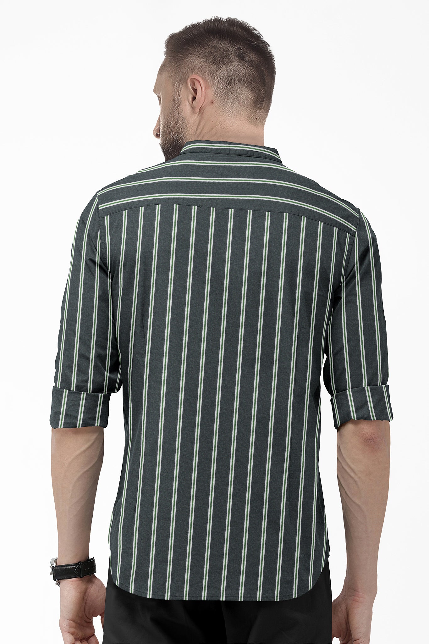Iron Grey with Green Mandarin Double Stripes Cotton Shirt
