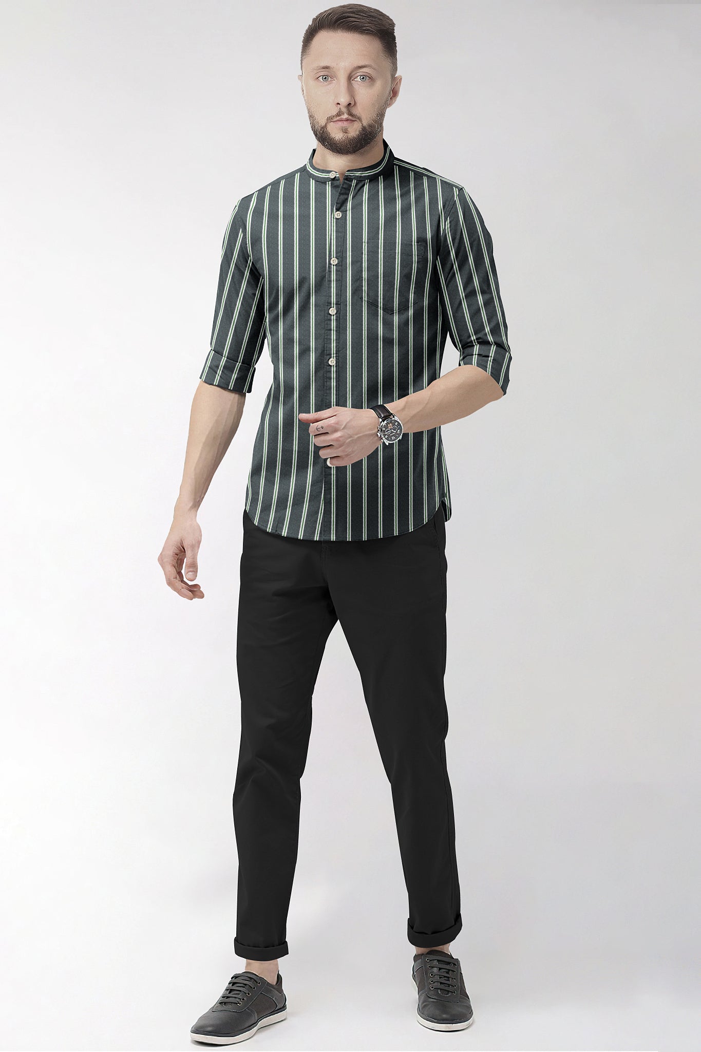 Iron Grey with Green Mandarin Double Stripes Cotton Shirt