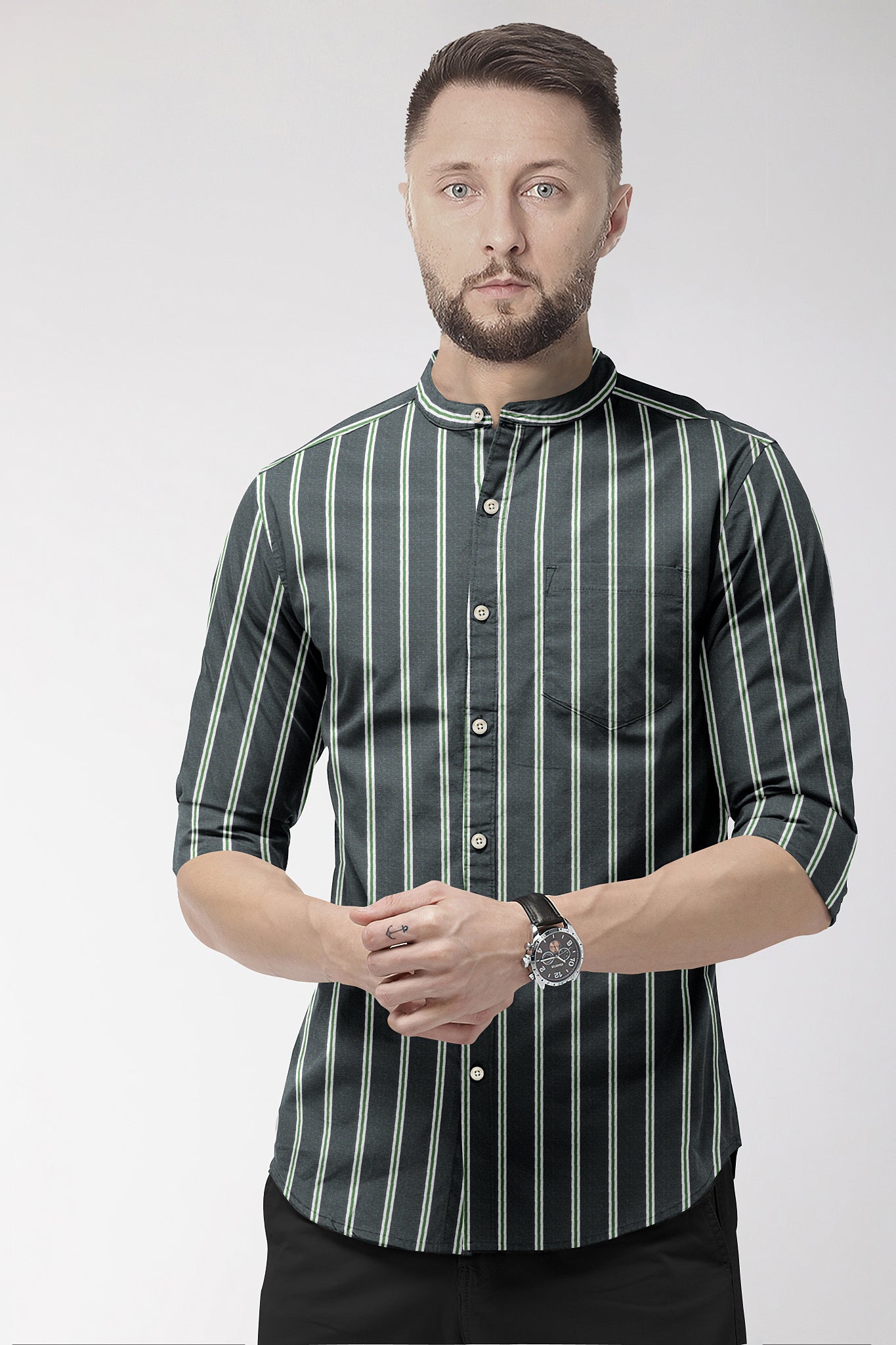 Iron Grey with Green Mandarin Double Stripes Cotton Shirt