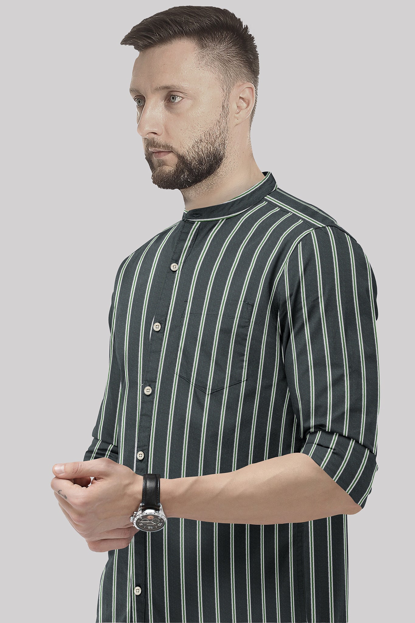Iron Grey with Green Mandarin Double Stripes Cotton Shirt