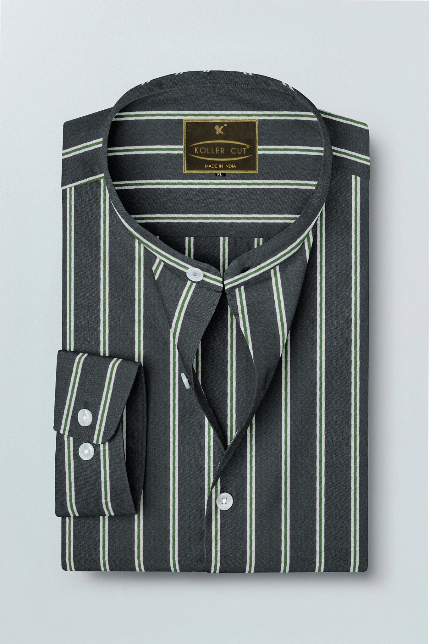 Iron Grey with Green Mandarin Double Stripes Cotton Shirt