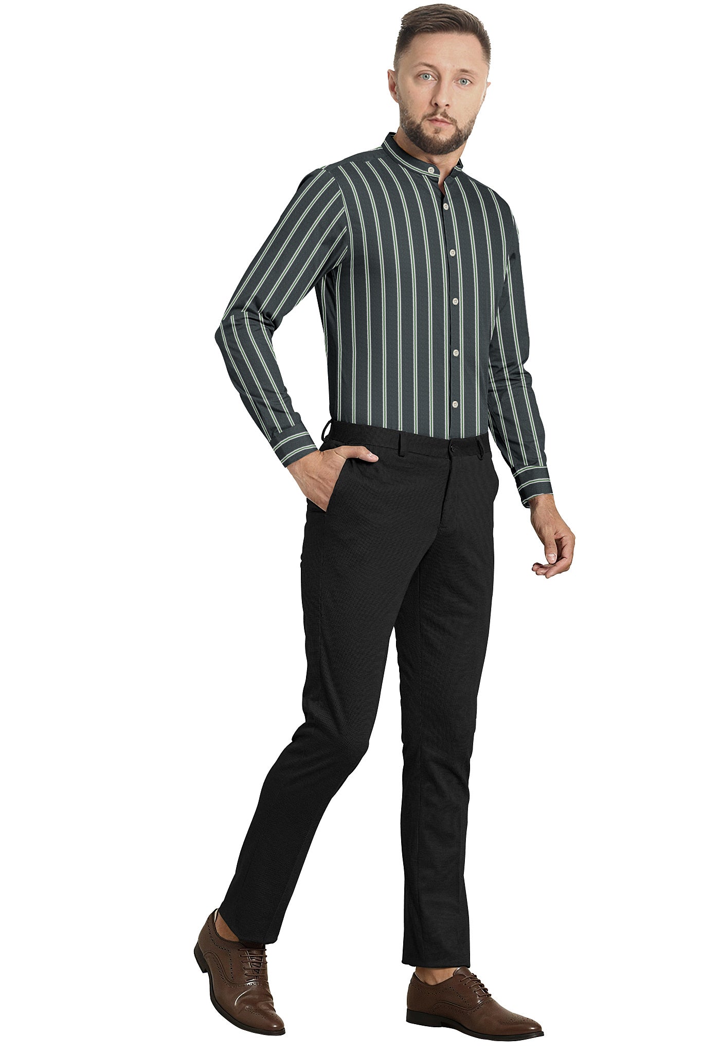Iron Grey with Green Mandarin Double Stripes Cotton Shirt