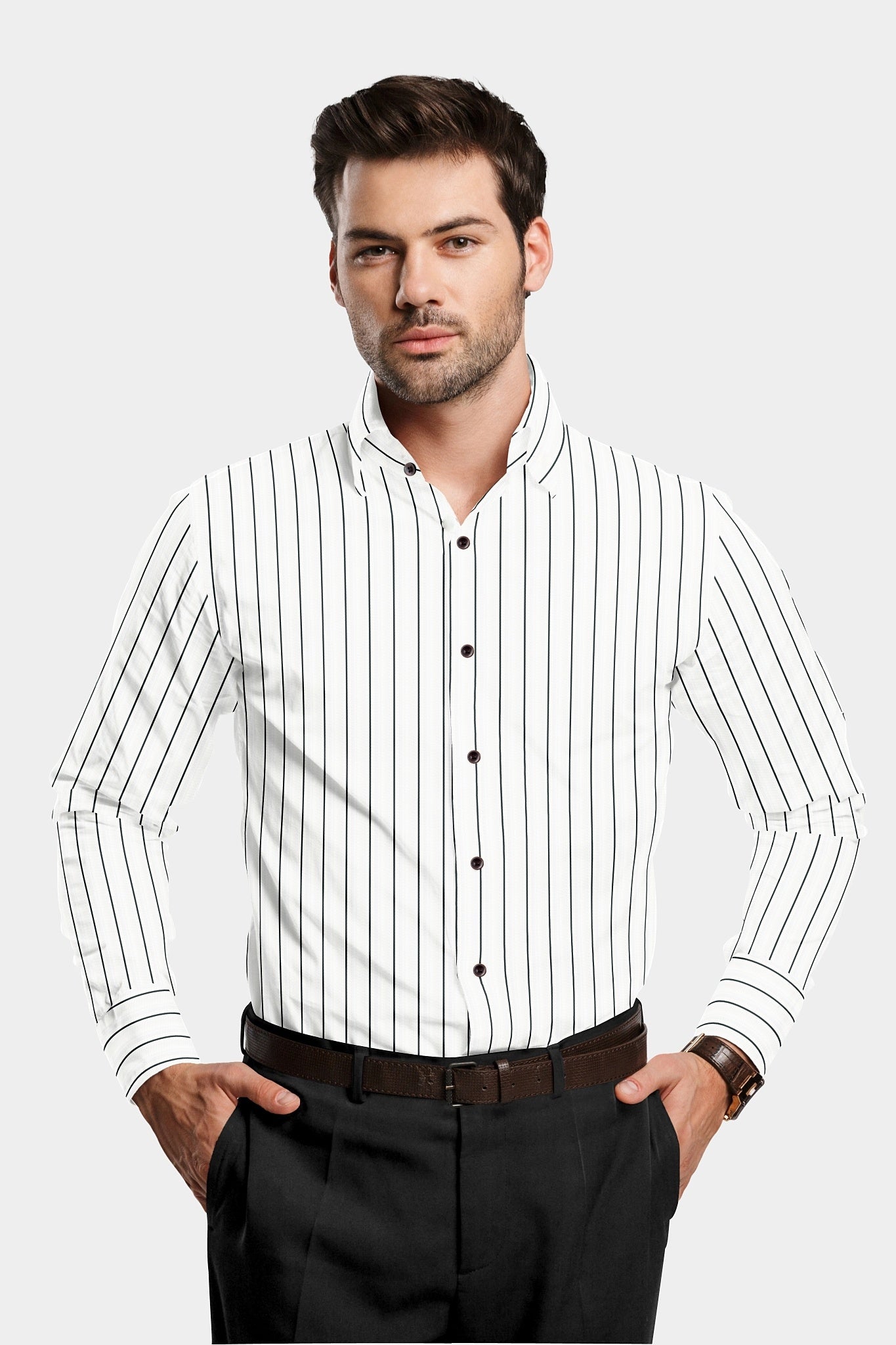 White with Ink black Wide Pinstriped and Pine Leaves Magic Printed Cotton Shirt
