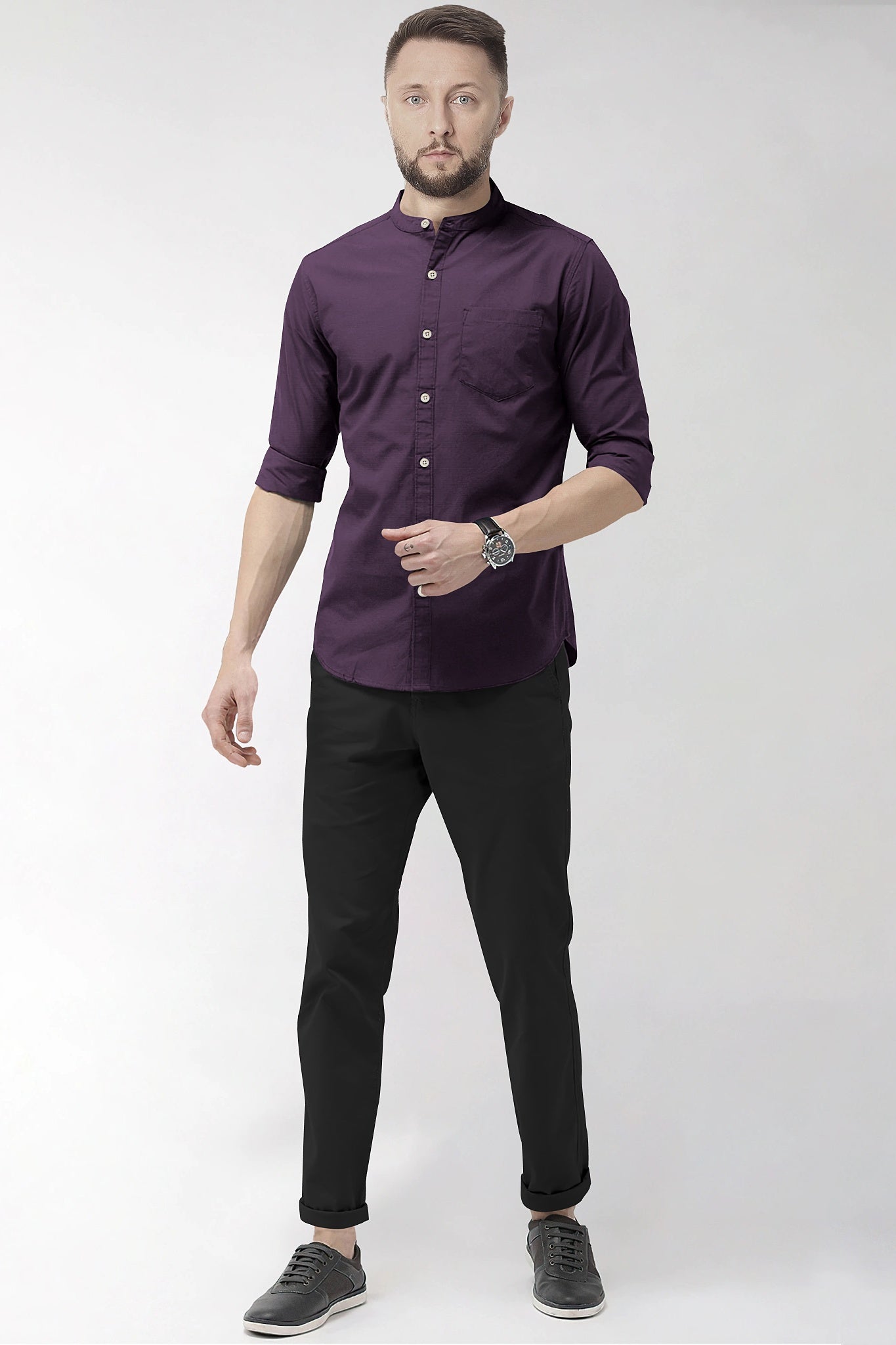 Thunder Purple Mandarin Men's Solid Collar Giza Cotton Shirt