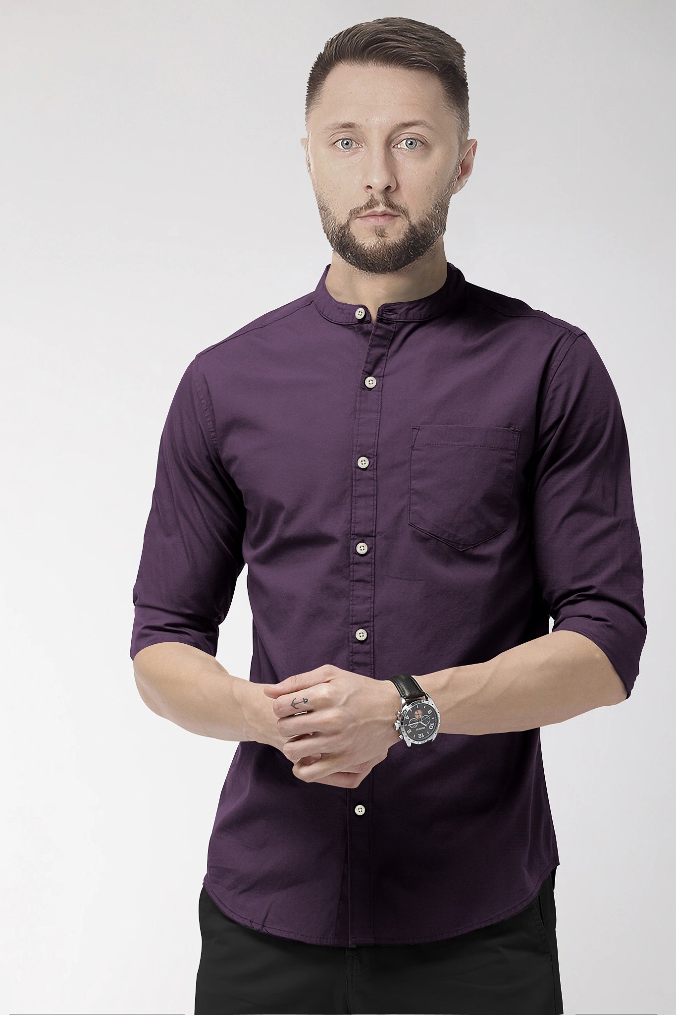 Thunder Purple Mandarin Men's Solid Collar Giza Cotton Shirt