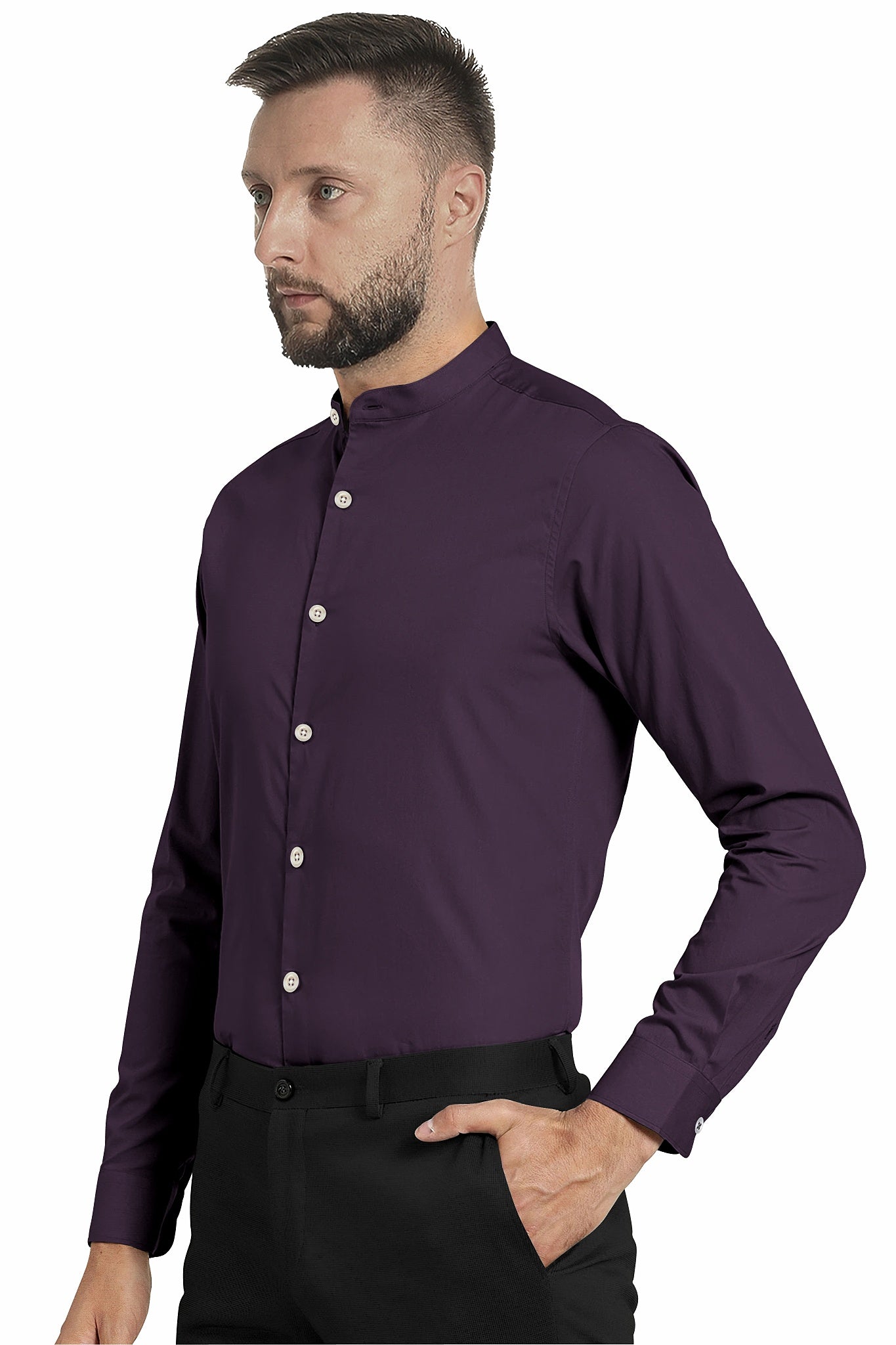 Thunder Purple Mandarin Men's Solid Collar Giza Cotton Shirt